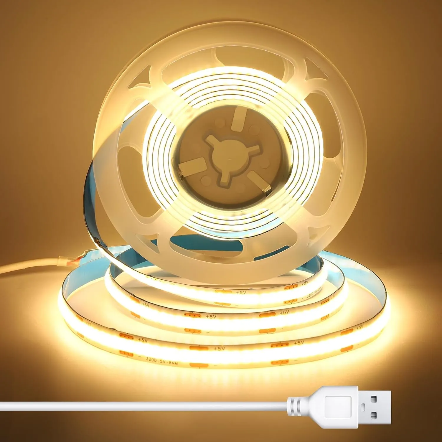 1m COB LED Streifen mit 1.5m USB Kabel, 8 mm Breit, CRI 92+, 5V LED Streifen Warmweiss für TV Hintergrundbeleuchtung, K…