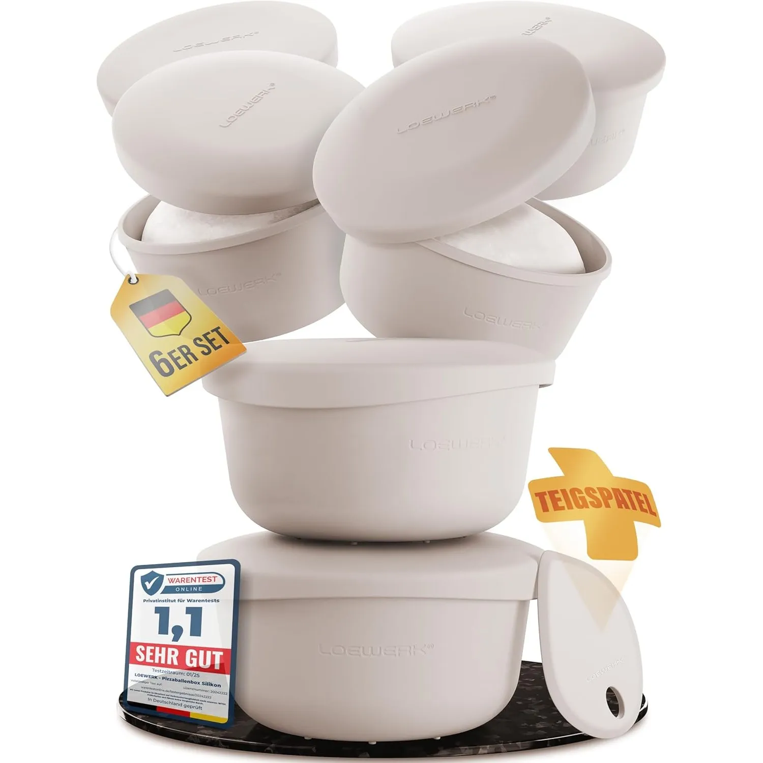 Pizzaballenbox mit Deckel [+ Teigspatel], 6er Set - atmungsaktive Teigbox für perfekten Pizzateig - platzsparende Silik…