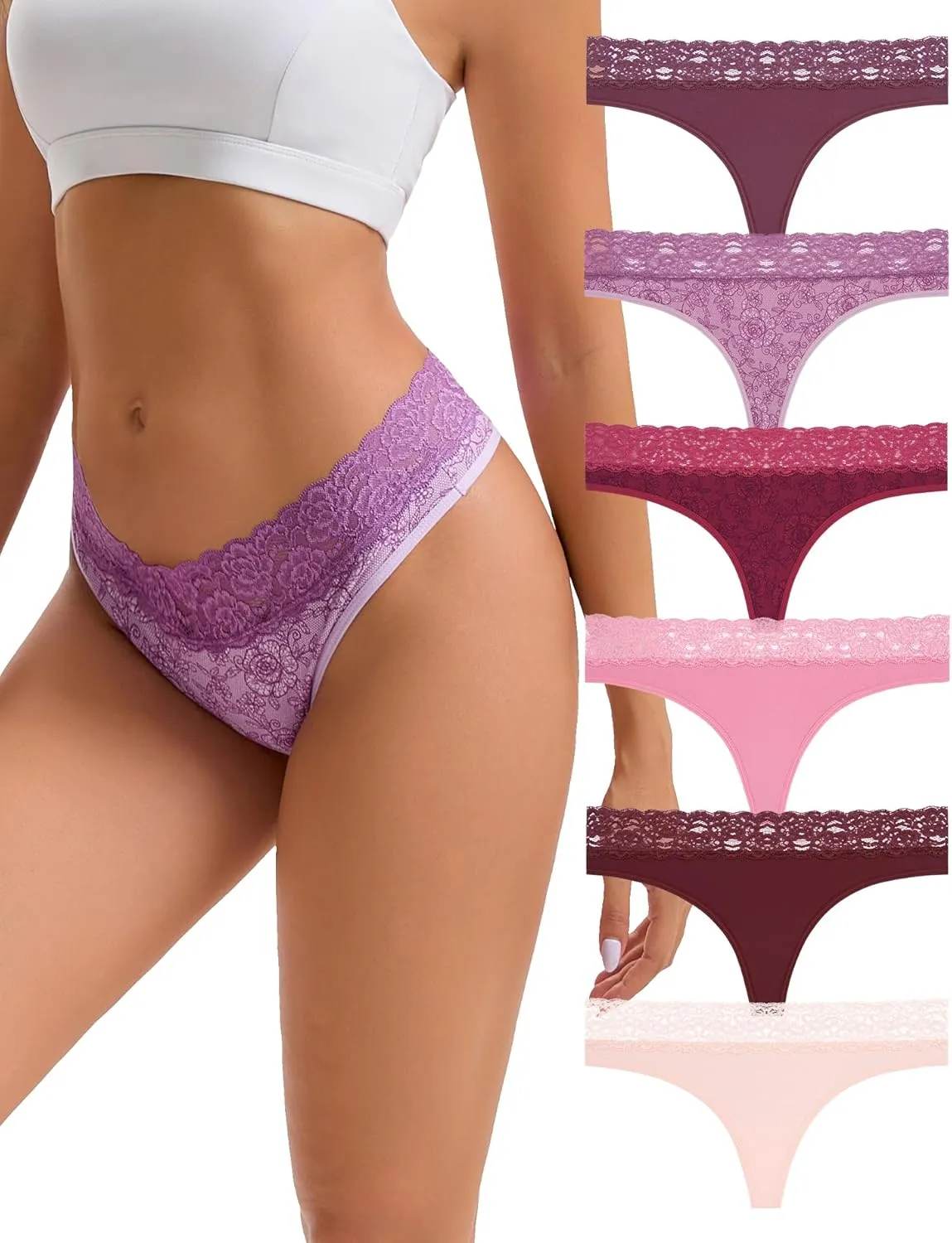 INNERSY String Tanga Damen Spitze Sexy Unterwäsche Frauen Hipster Unterhosen Baumwolle 6er Pack