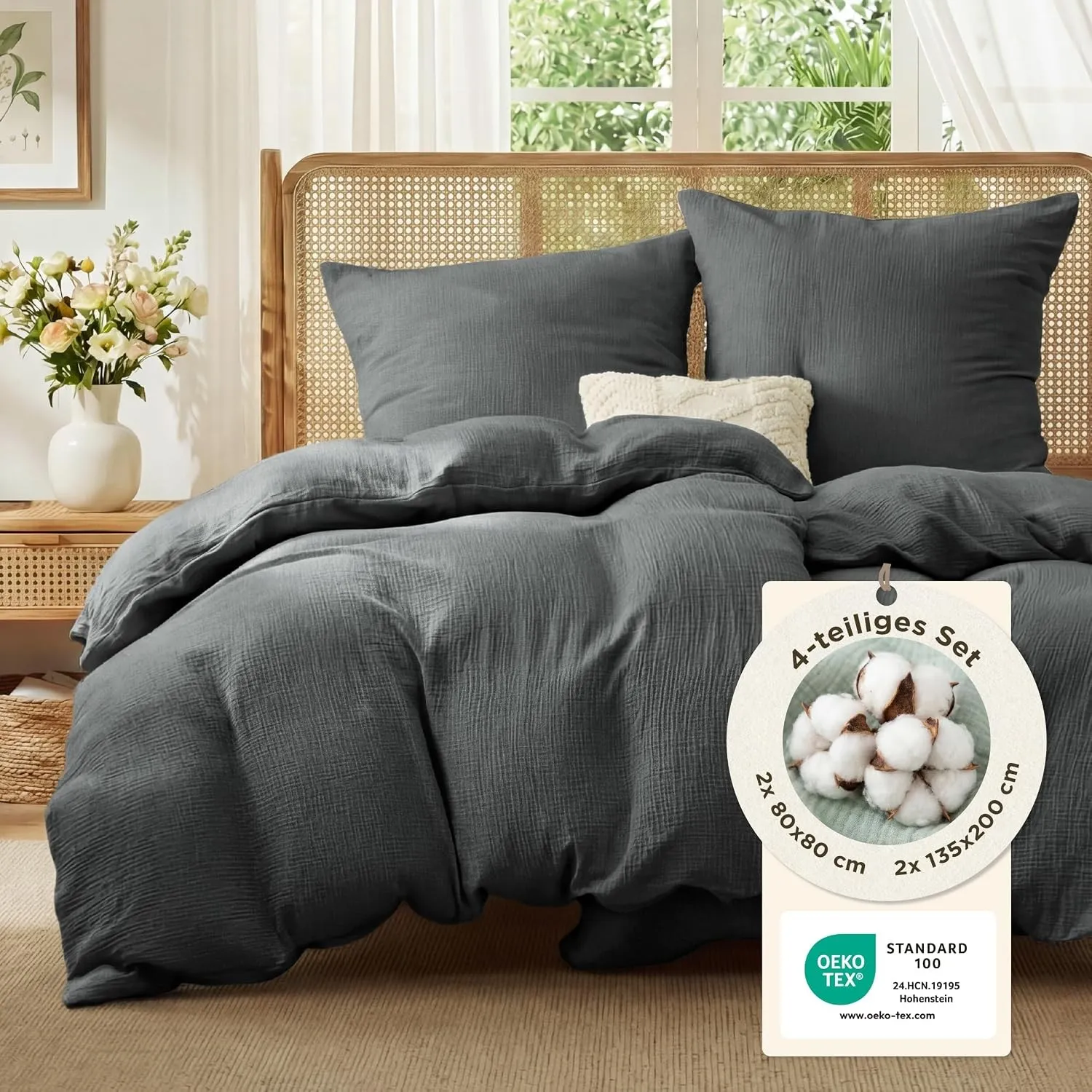 BEDSURE Musselin Bettwäsche 135x200 4teilig - Anthrazit, 80x80 Kissenbezüge