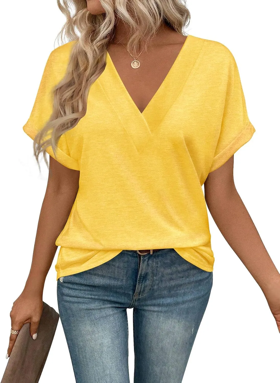 Cuptacc Tshirt Damen Oberteile Kurzarm V-Ausschnitt Shirts Damen Sommer Elegant Locker Basic Top