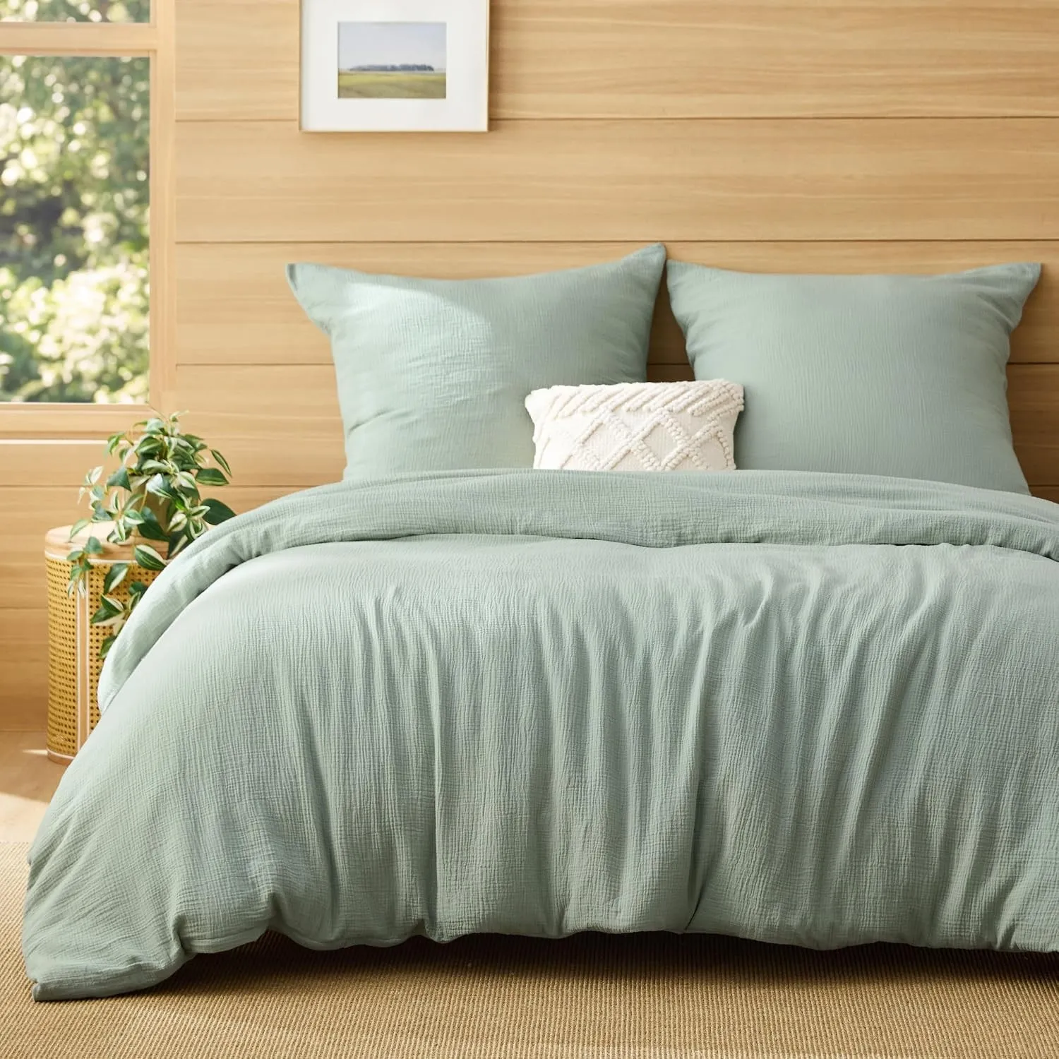 BEDSURE Musselin Bettwäsche 200x200 3teilig - Grün, 80x80 Kissen, Oeko-TEX