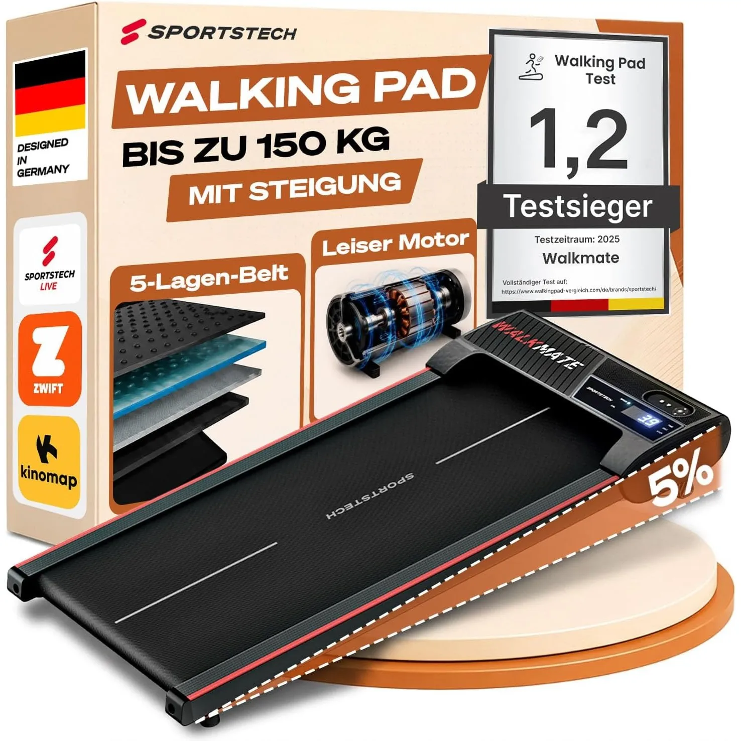 Sportstech, Walking Pad mit Steigung, 150 kg belastbar, 6 km/h, Under Desk
