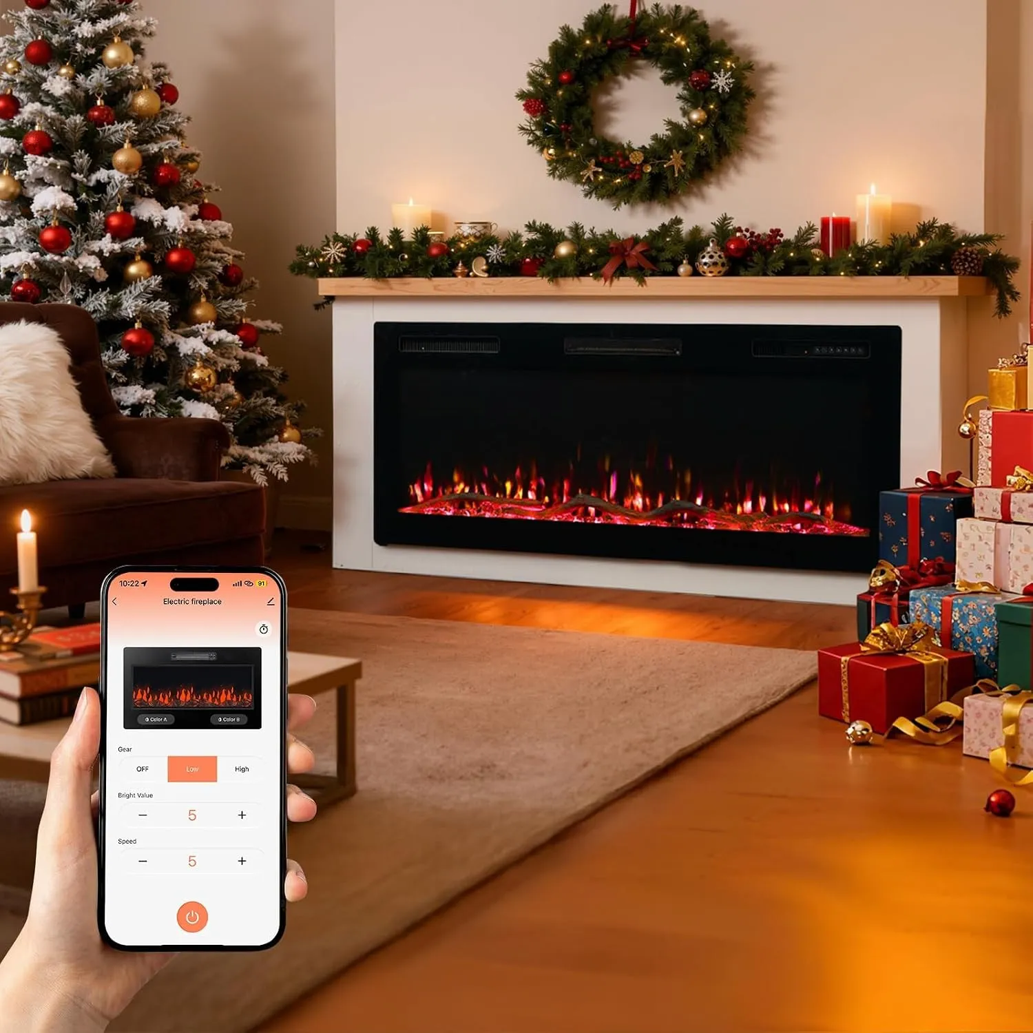 50 Zoll Elektrokamin, 1000W/2000W Elektrokamin mit Heizung, 12 3D-Flammenfarben, 12 Holzfeuerfarben, Fernbedienung & Ap…