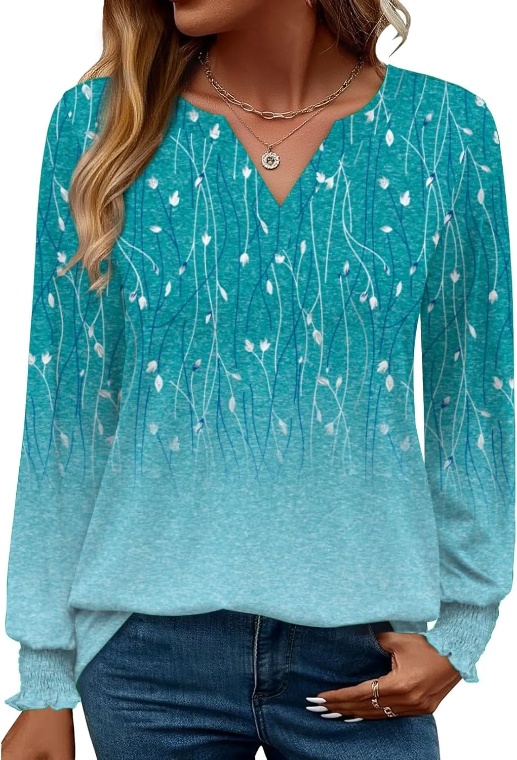 Rapbin Damen Bluse Langarm Tops Elegant Locker V-Ausschnitt Oberteile Shirt Casual Herbst Tunika