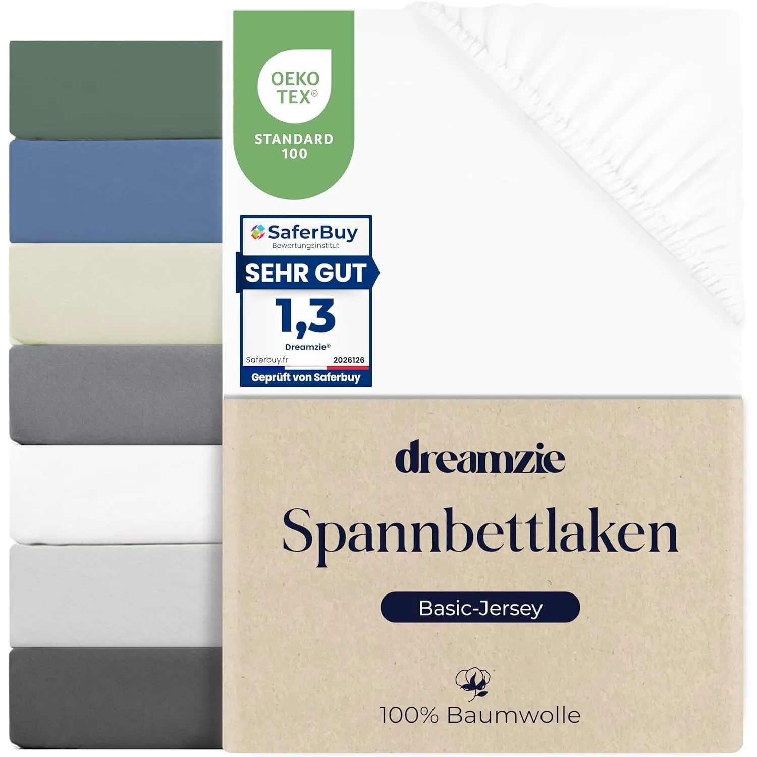 Dreamzie Spannbettlaken 200x200 cm, 100% Baumwolle Jersey dehnbar, Spannbetttuch Bettlaken, Steghöhe 30 cm für Matratze…
