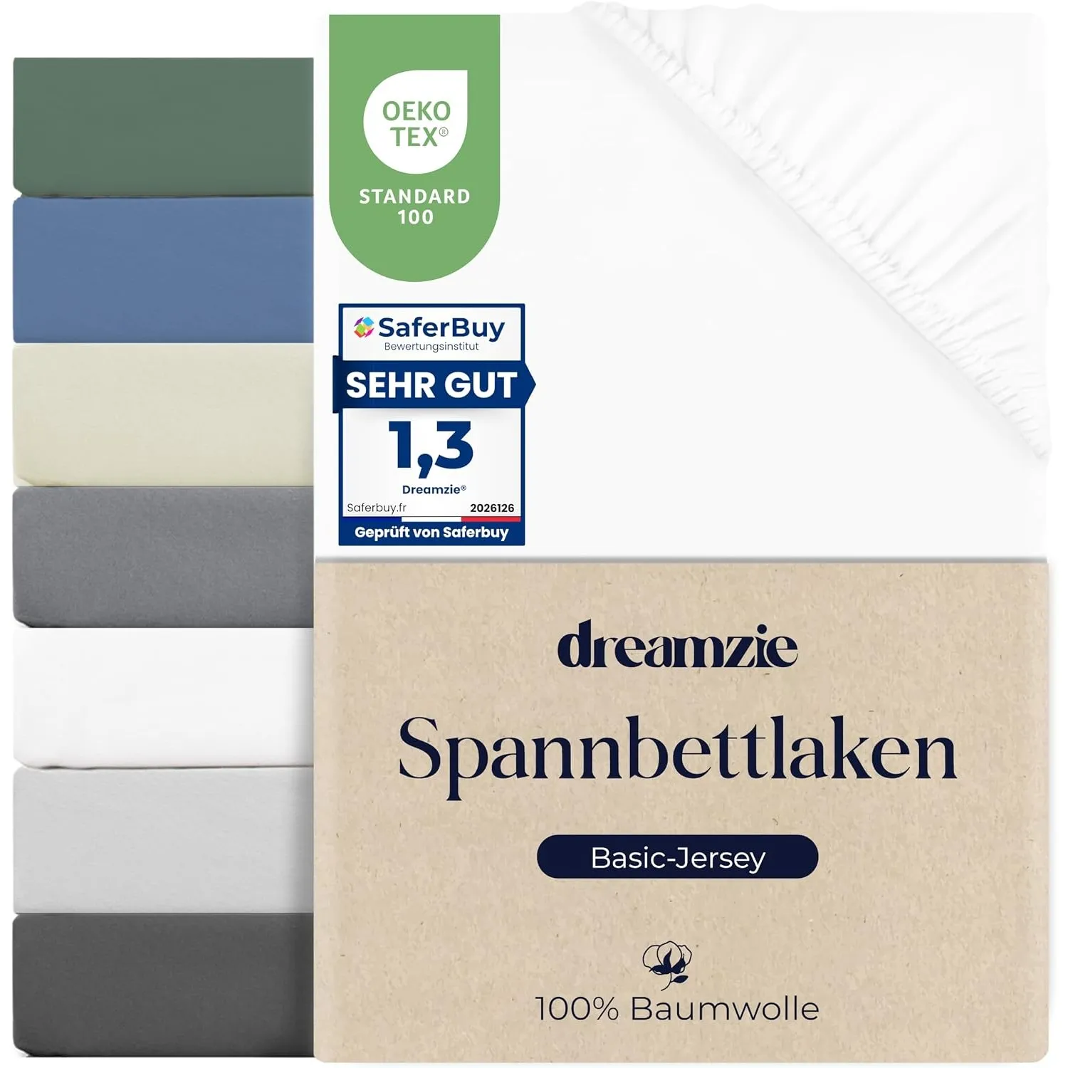 Dreamzie Spannbettlaken 140x200cm, Baumwolle, Elastisch, Oeko-Tex, Weiß