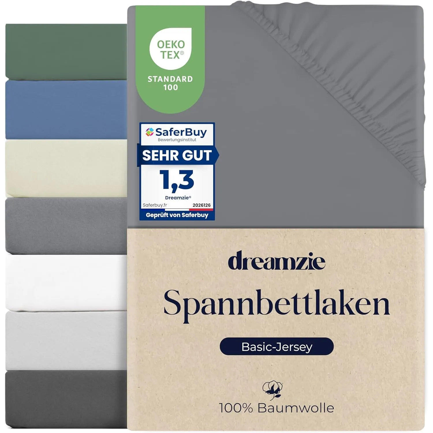 Dreamzie Spannbettlaken 180x200cm, 100% Baumwolle Jersey dehnbar, Spannbetttuch Bettlaken, Steghöhe 30 cm für Matratzen…