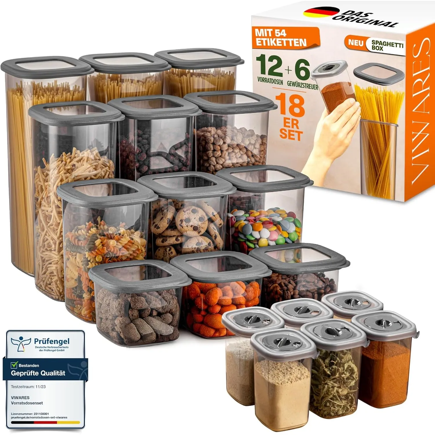 Viwares Vorratsdosen Set 18-teilig – inkl. 2,0L Spaghetti Box & 6 Gewürzdosen mit Dosierdeckel – stapelbare Aufbewahrun…