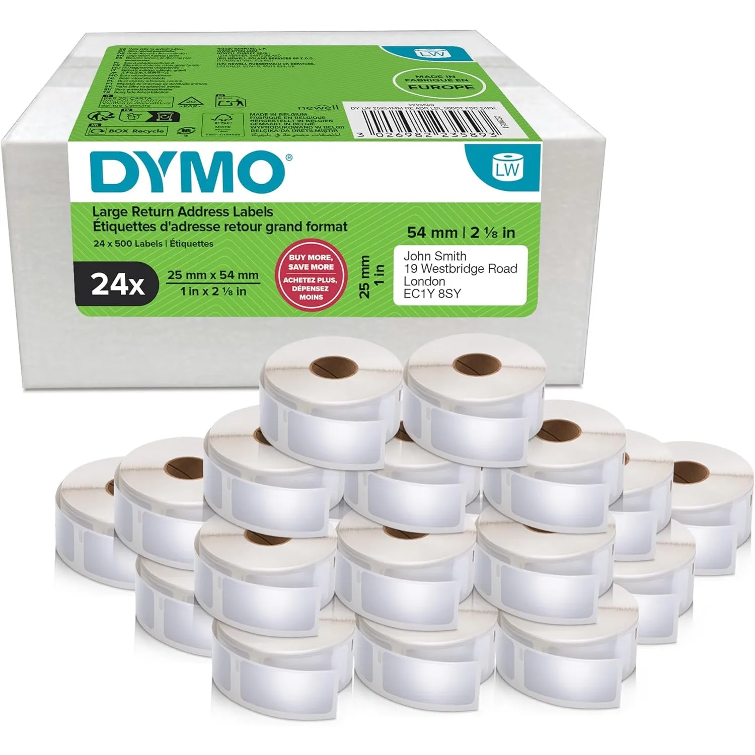 DYMO Original LabelWriter Rücksendeadressetiketten | 25mm x 54mm | 24 Rollen mit je 500 leicht ablösbaren Etiketten (12…