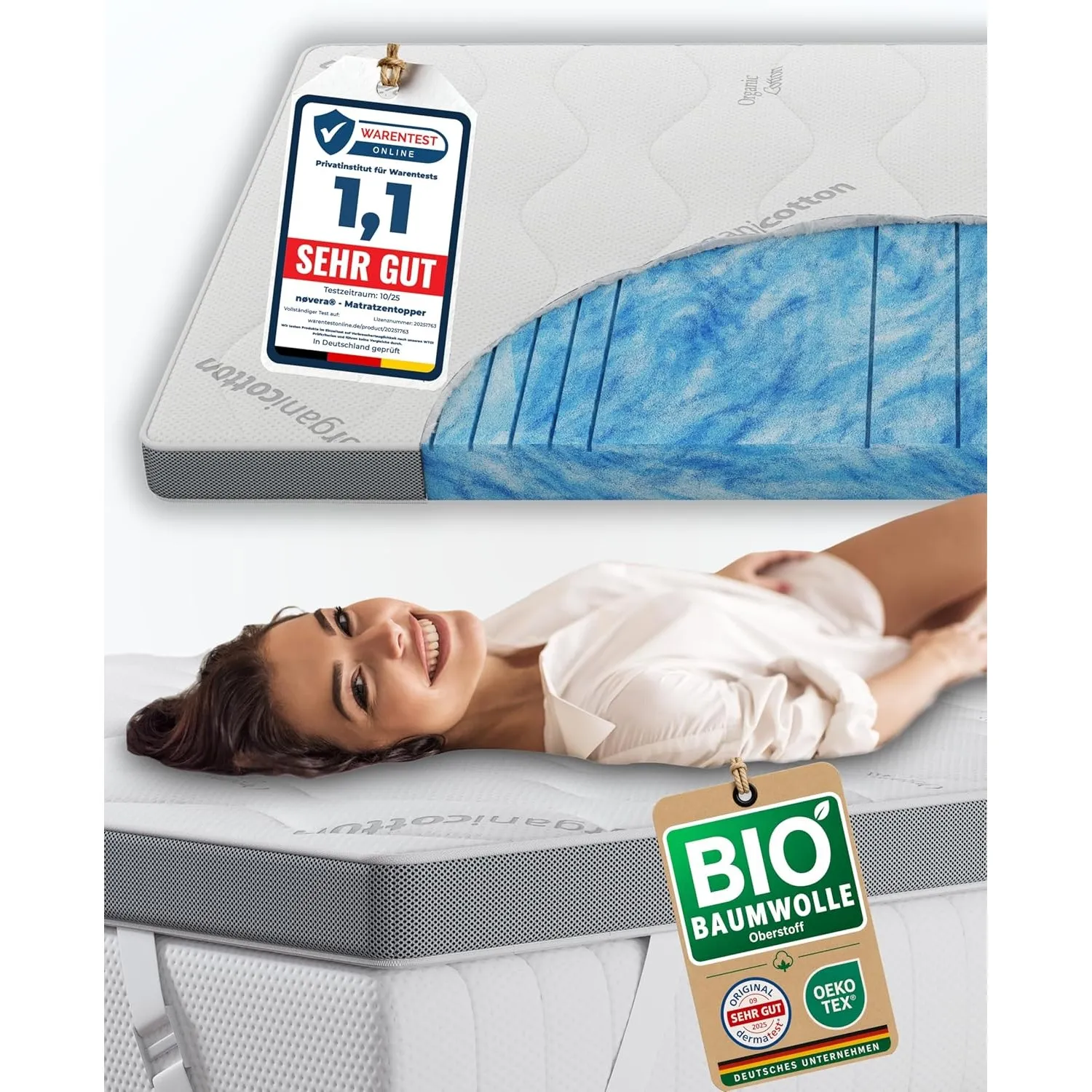 Deluxe Gel Topper 160x200cm | Hohes RG 50 | Oberstoff aus 100% Bio-Baumwolle | wolkenweicher 7-Zonen Matratzentopper 16…