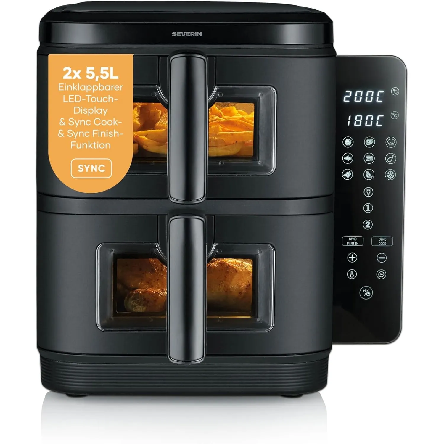 Severin Duo Stack Heißluftfritteuse, 2 x 5,5 L Garraum, 2 Kammern, gesundes Kochen, 9 Automatik-Programme, Fritteuse oh…