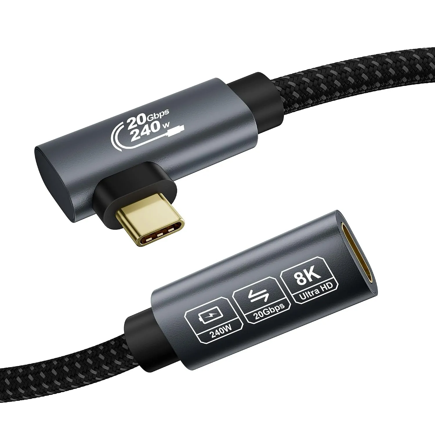 8K USB C Verlängerung 2m (USB C Extension 3.2 20Gbps, PD3.1 240W 48V/5A, Winkel 90 Grad) Video 4K@144 Hz/60Hz USBC Verl…