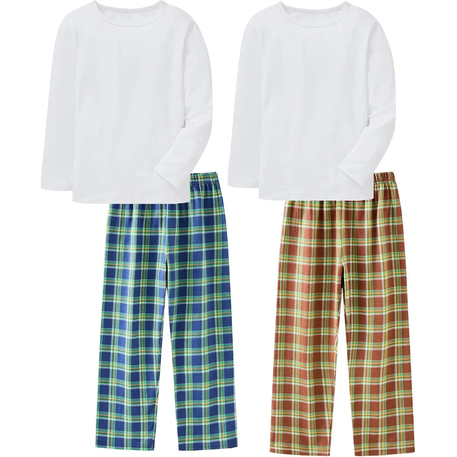 Jungen Pyjamas 4-teiliges Set Kinder Kleidung Stretch gerippte Baumwolle Nachtwäsche Weiß Top Karierte Hosen Nachtwäsch…