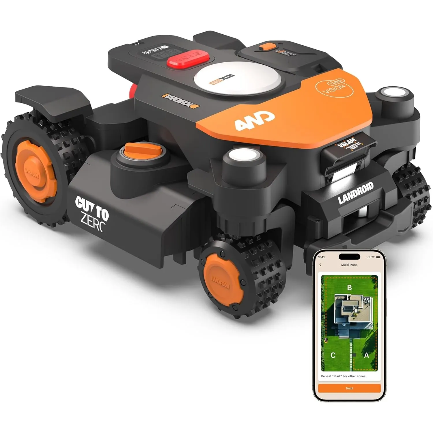 WORX Landroid Vision Cloud WR344E 4WD Mähroboter ohne Begrenzungskabel für 4000 m² (KI-Hinderniserkennung, VSLAM + 4G +…