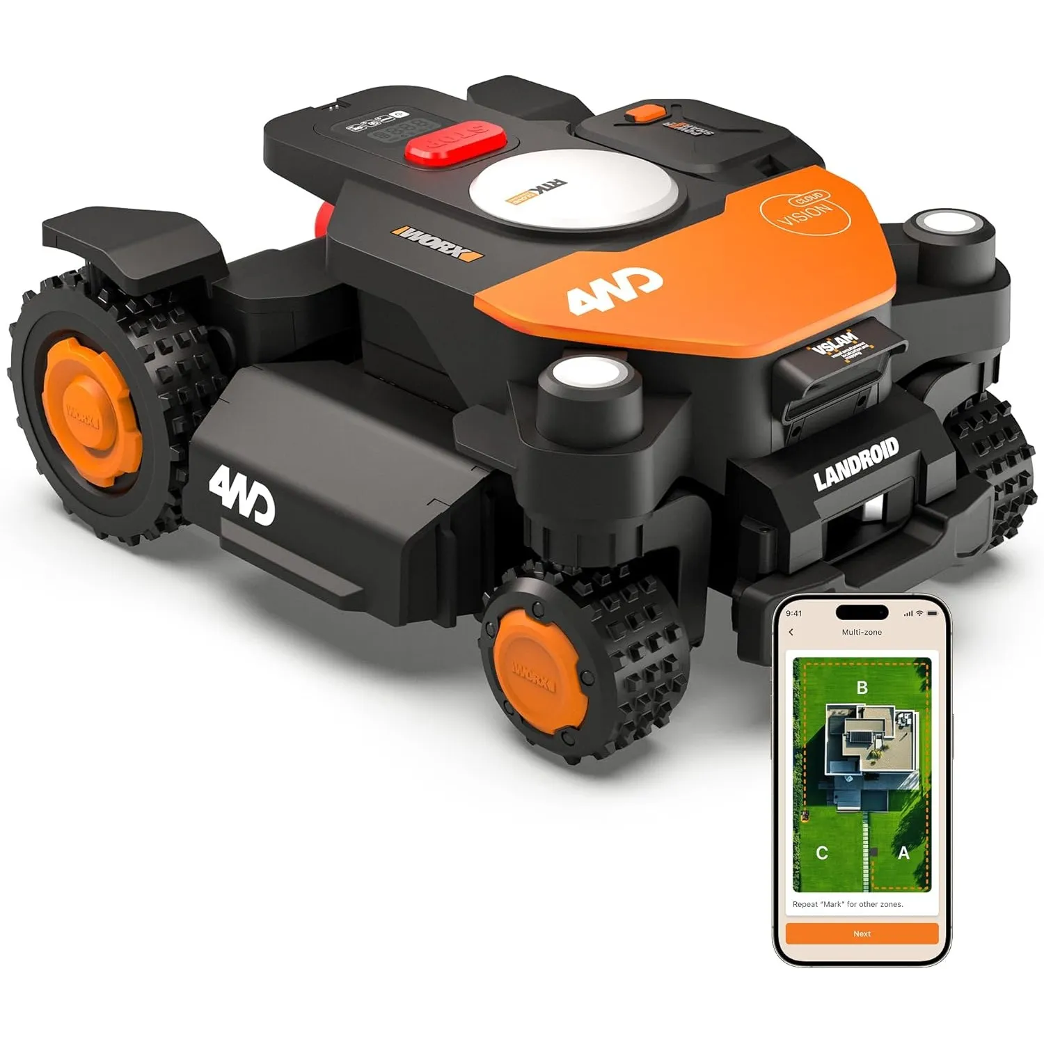 Worx Landroid Vision Cloud WR342E 4WD Mähroboter mit Garage, kabelloser Rasenmähroboter für bis zu 2 000 m², (KI-Hinder…