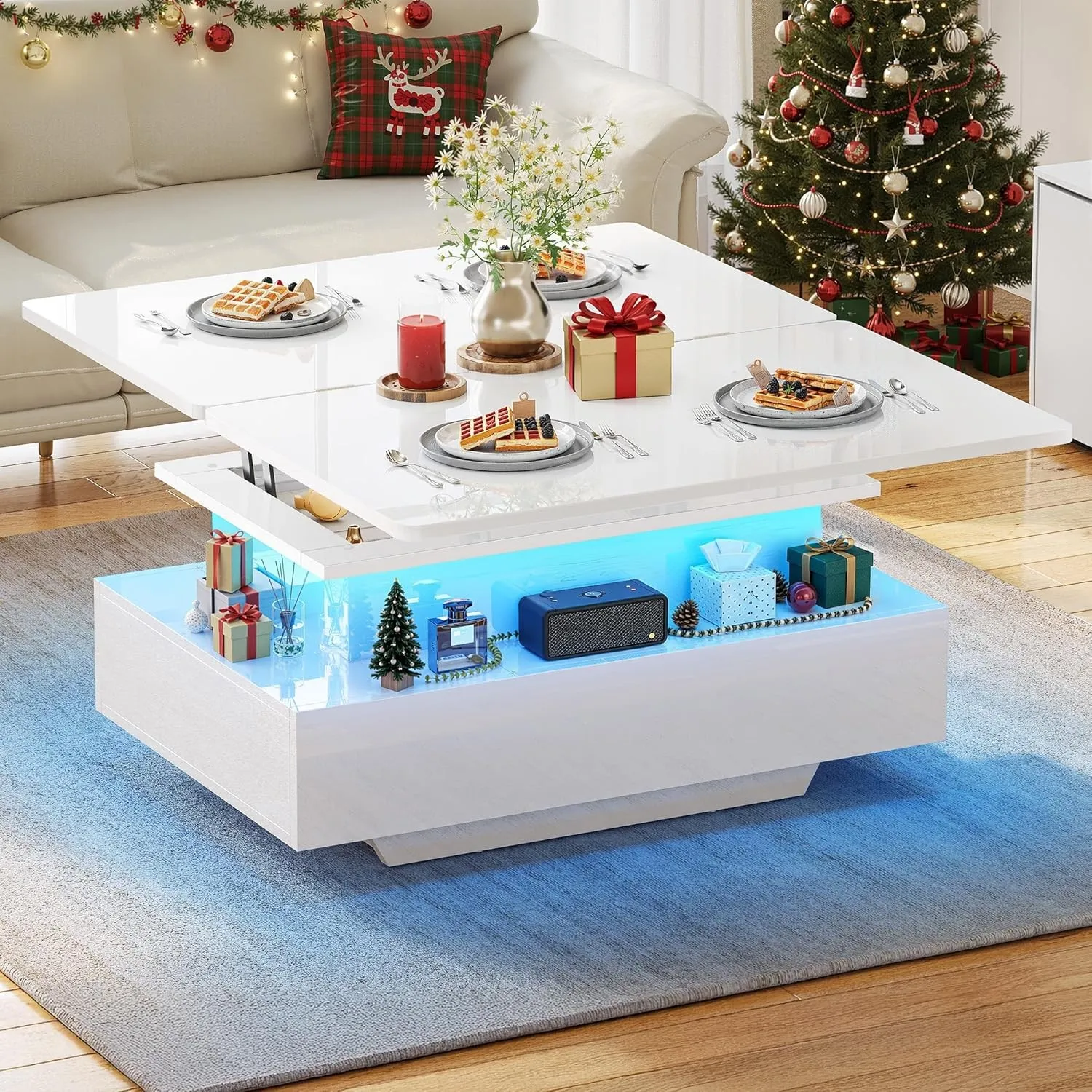 YITAHOME Couchtisch Höhenverstellbar, Wohnzimmertisch Hochglanz mit 2 Schublade und LED, Couchtische mit Verstecktem, K…