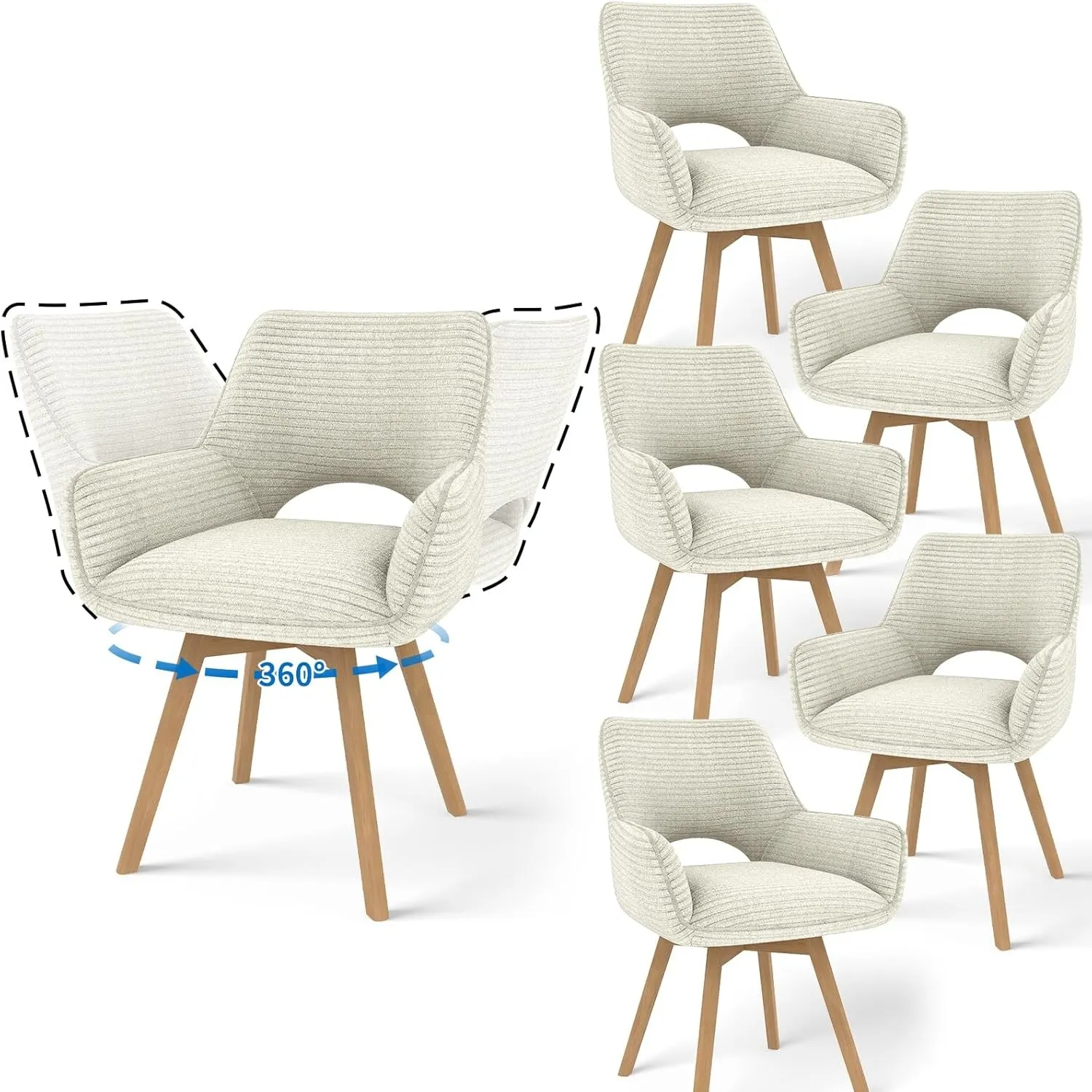 JIJIAN 6er Set 360° Drehbare Esszimmerstühle mit Armlehnen, Beige