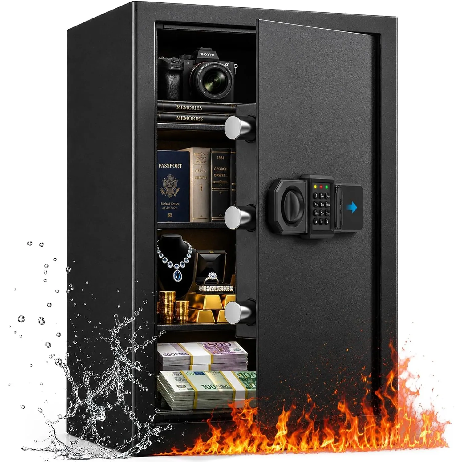 60L Elektronischer Feuerfester Tresor für Zuhause, Stahl Safe mit Zahlenschloss und Schlüssel, 3-fache Verriegelung mit…