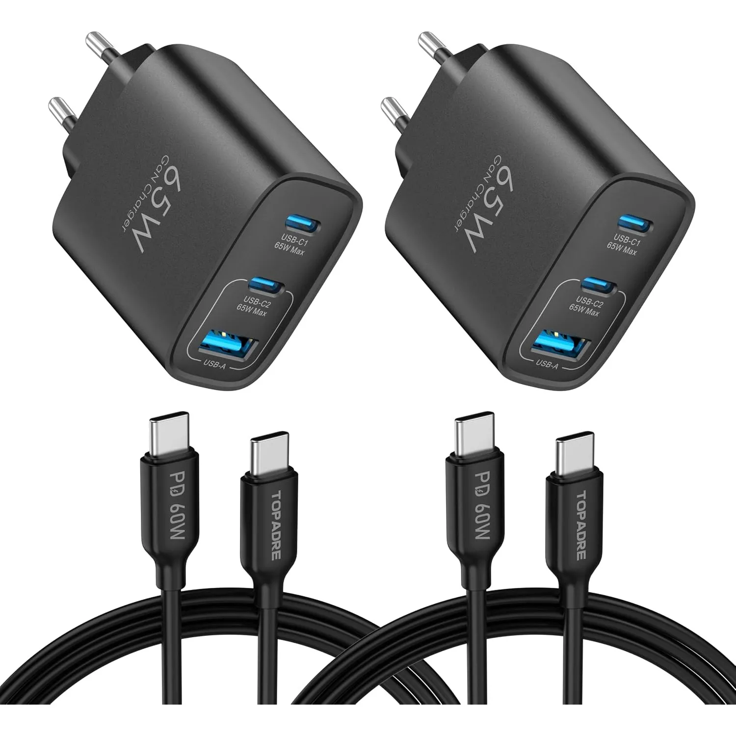 TOPADRE 65W USB C Ladegerät 2er-Pack mit 2m Kabel 3-Port Netzteil