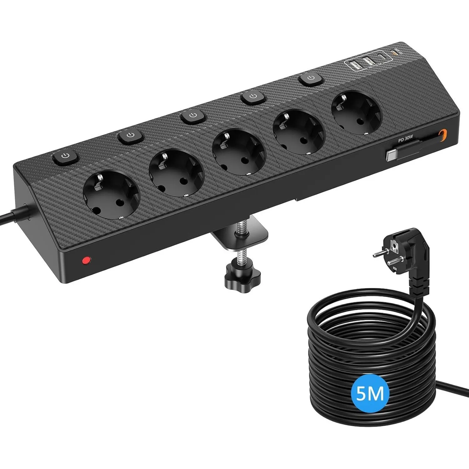 PASSUS Mehrfachsteckdose mit 2 USB C 30W, Verlängerungskabel 5M, Schwarz