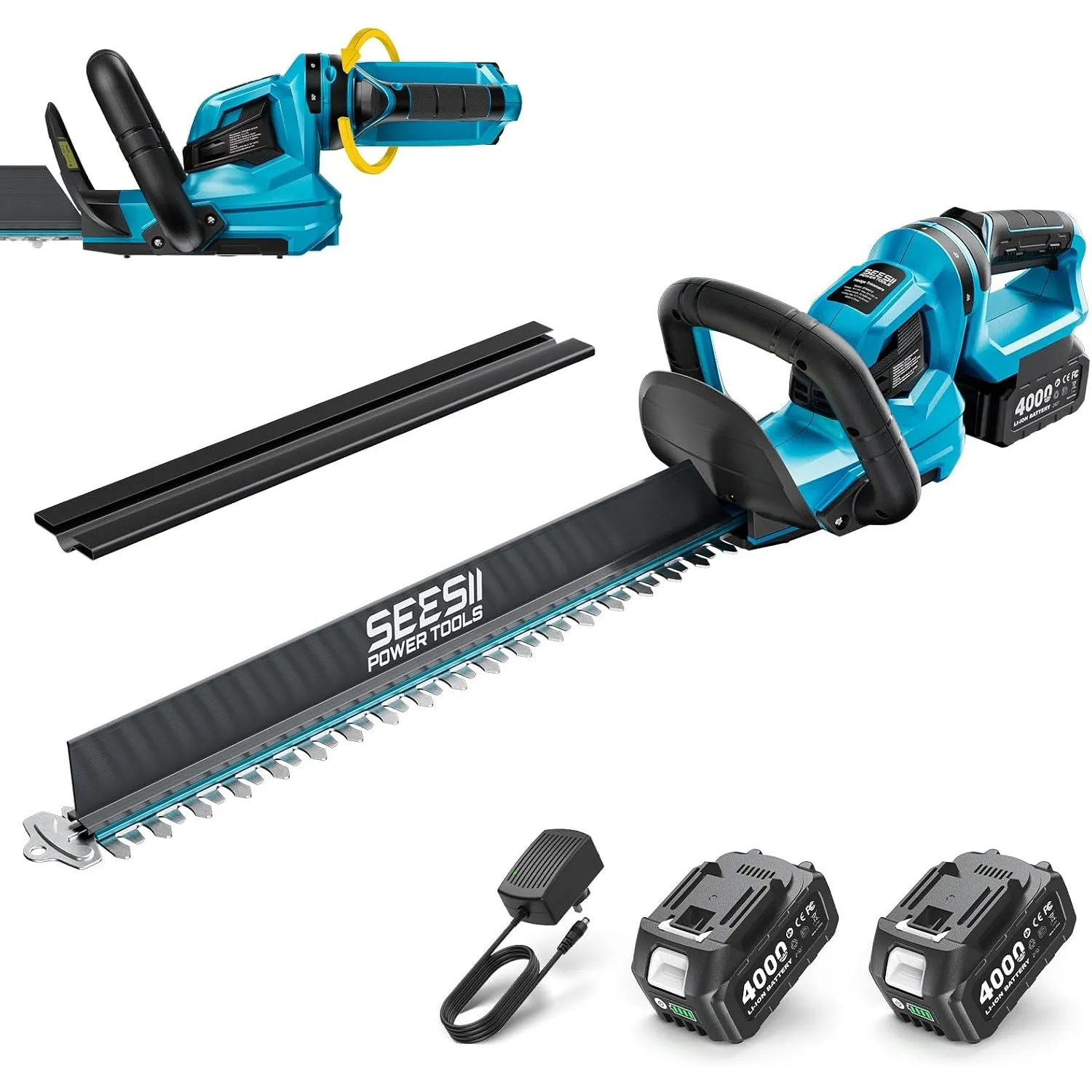 SEESII 20V Heckenschere Akku, 56 cm Doppelmesser, 2 × 4,0 Ah Akkus, Garten