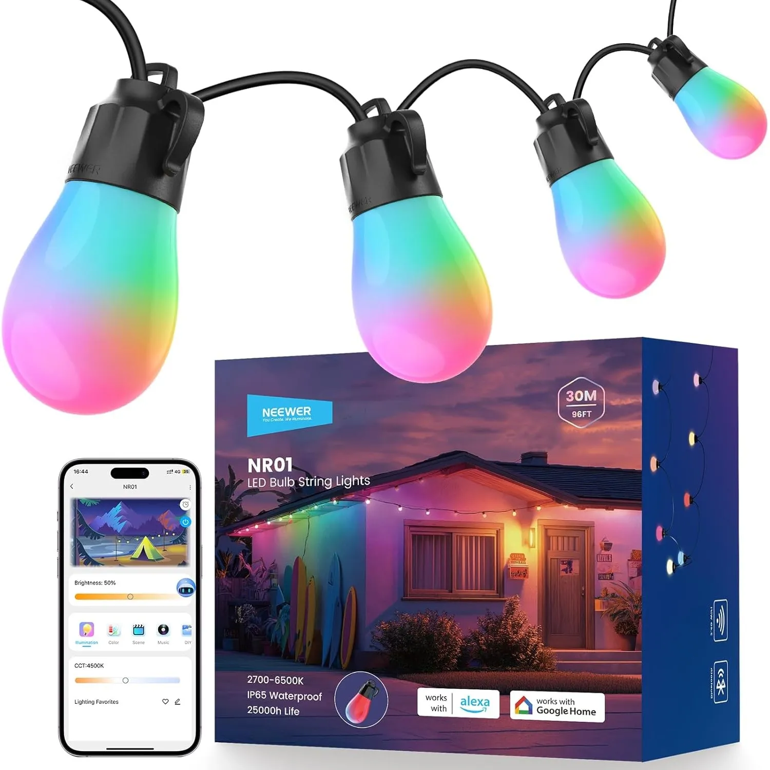 NEEWER NR01 96ft Außen Lichterkette, App Steuerung, Smart AI RGBW Licht