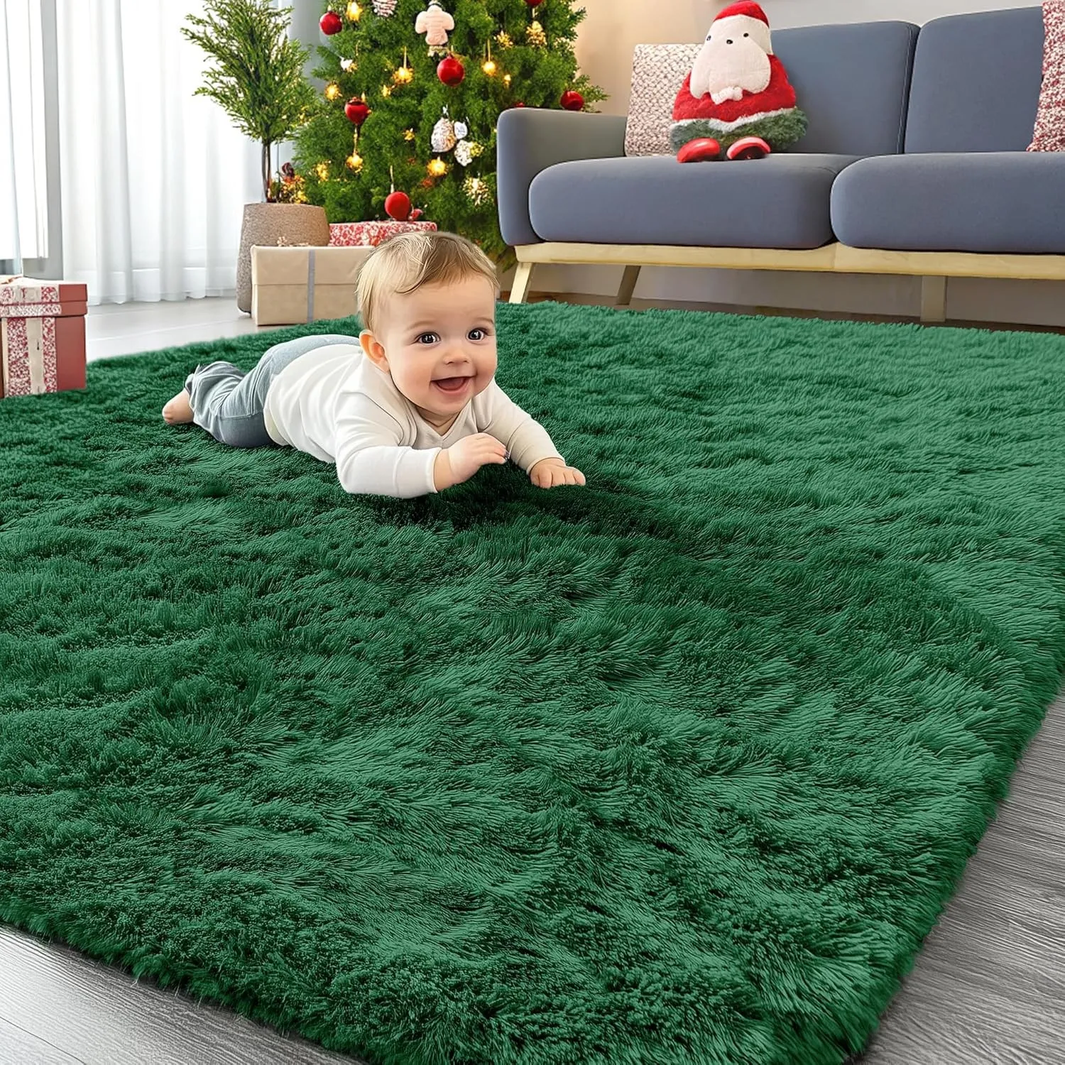 Homaxy Hochflor Waschbar Groß Teppich Wohnzimmer 300 x 400 cm, Dunkelgrün