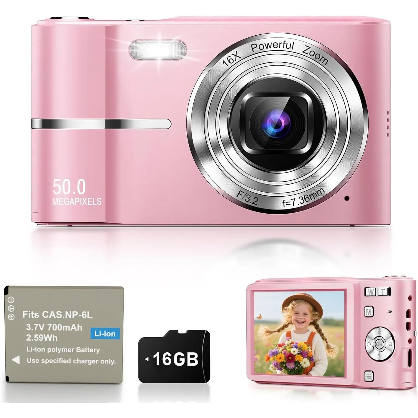 Digitalkamera 50MP Fotokamera 1080P Videokamera mit 16X Digitalzoom, 2,4" Bildschirm Vlogging Kamera Fotoapparat Mini K…