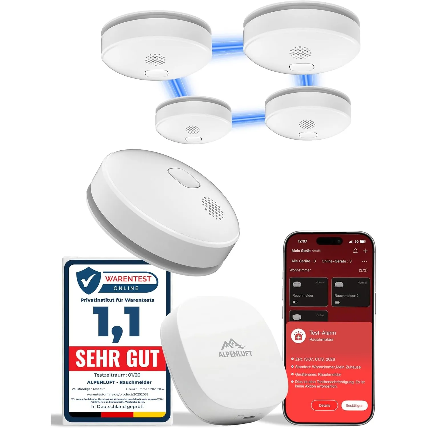 ALPENLUFT Rauchmelder mit Smart App 10 Jahre Batterie, TESTSIEGER Feuermelder Funk und WLAN Vernetzt, Rauchwarnmelder, …