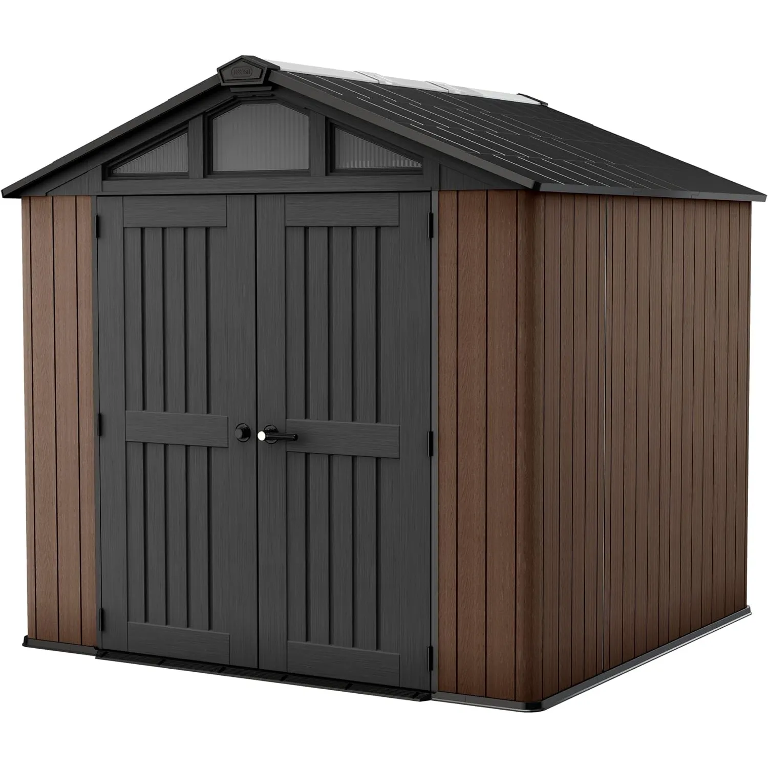 KETER Stronghold 8x8 Gartenhaus braun - Gerätehaus mit 6 Fenstern, Doppeltüren, stahlverstärkt, Holzoptik, inkl. Fußbod…