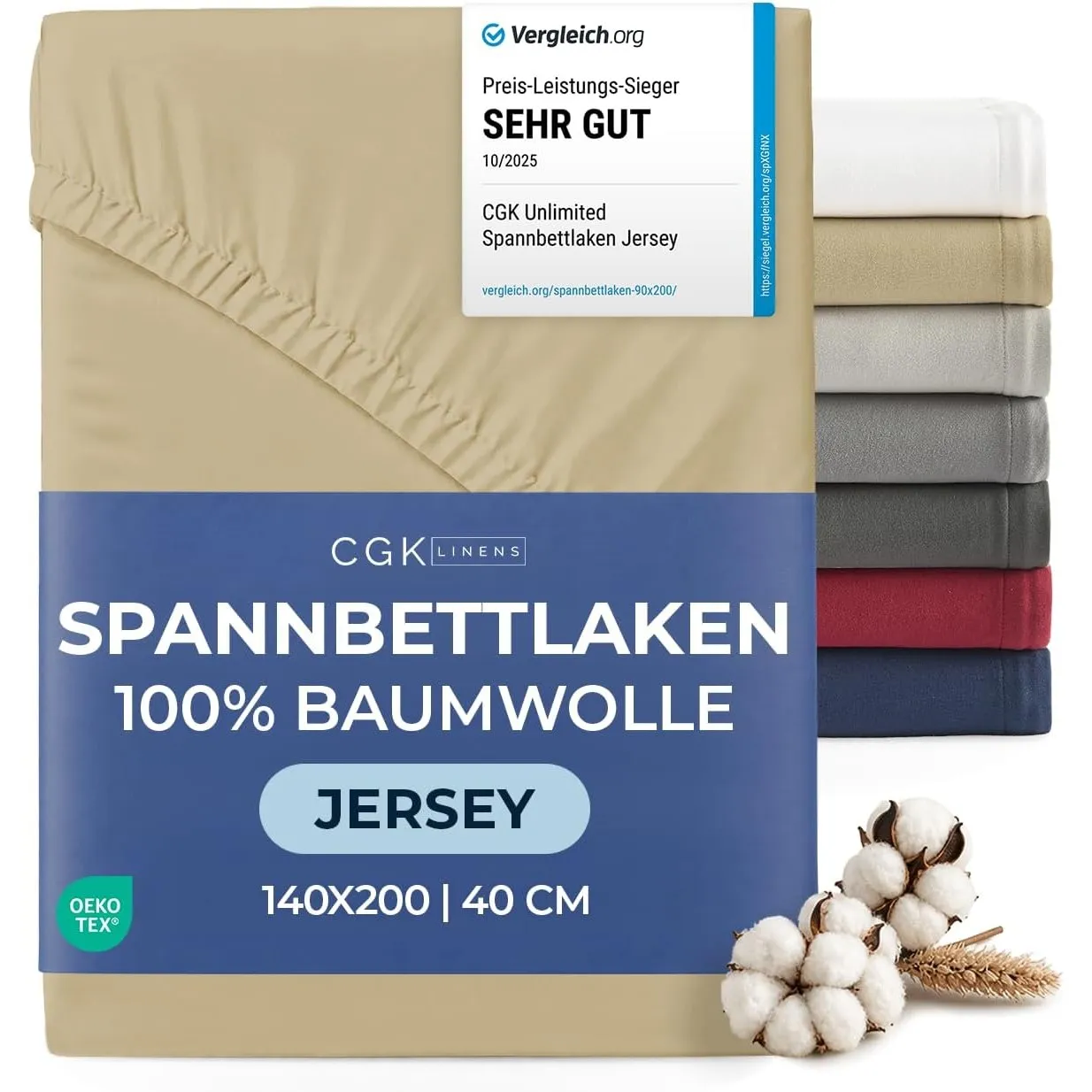 Spannbettlaken Jersey 140x200 - Baumwolle Boxspringbett 40cm tief - Beige