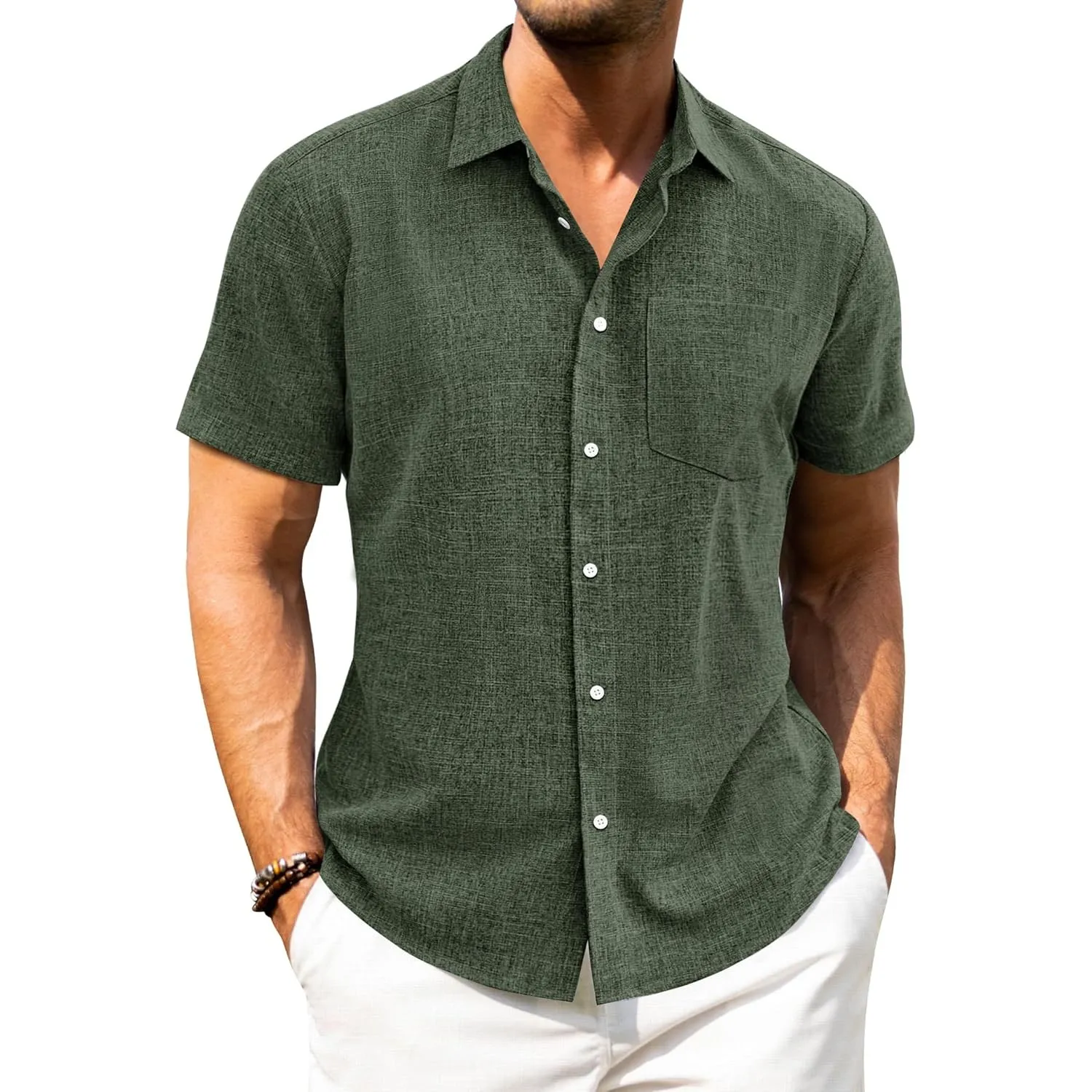 J.VER Leinenhemd Herren Kruzarm Freizeithemd Regular Fit Leicht und Luftig Sommerhemd Leinen Shirt mit Tasche