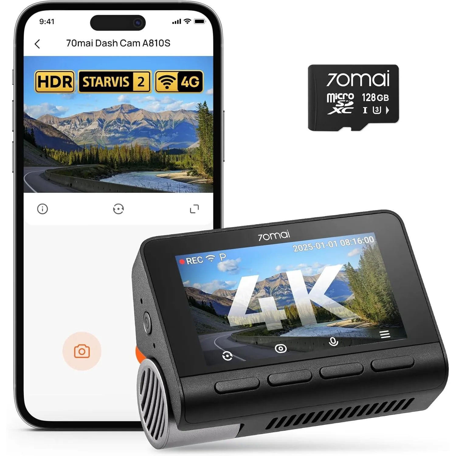 70mai 4K A810S Dashcam Auto Vorne, STARVIS 2 HDR Autokamera mit 128GB Karte