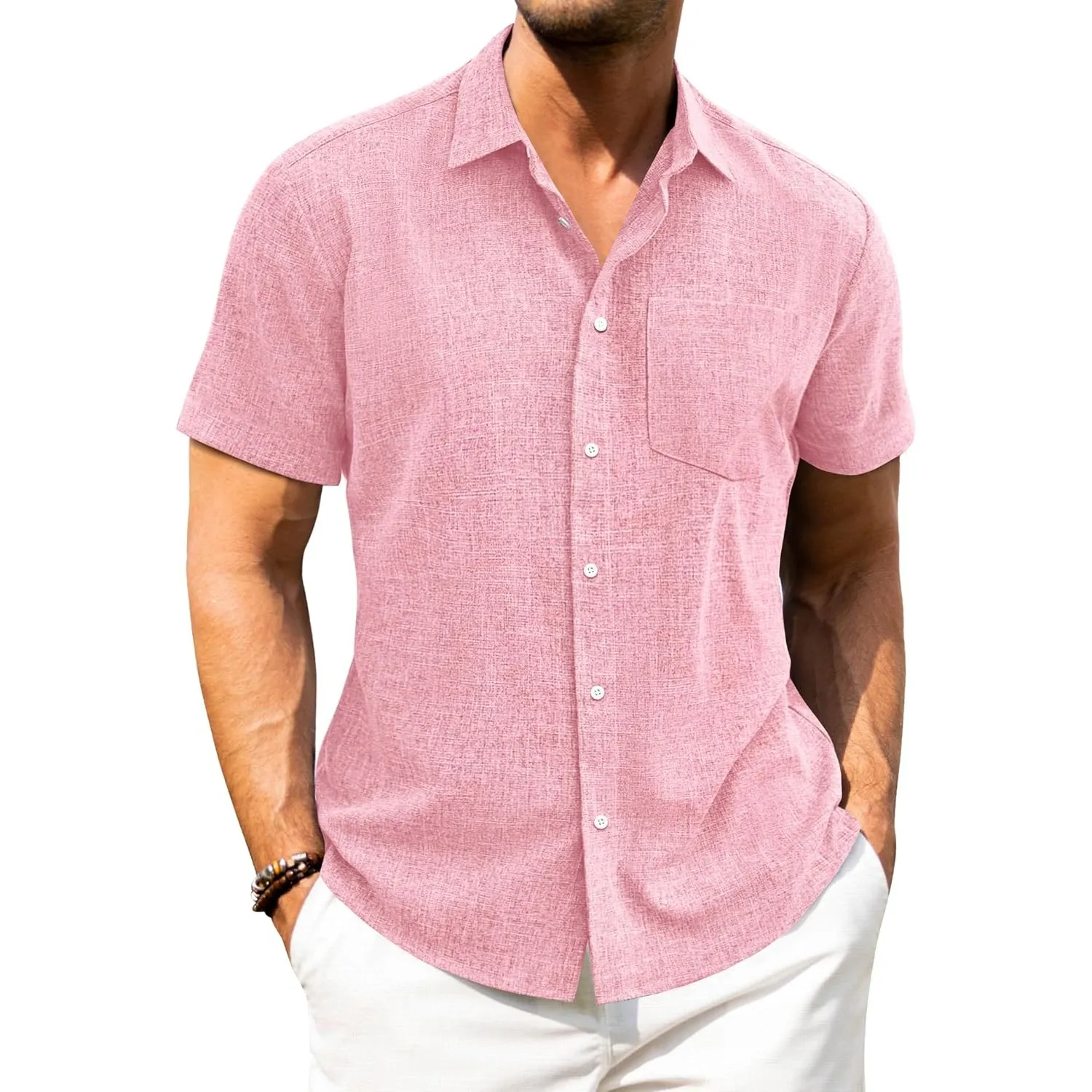 J.VER Leinenhemd Herren Kruzarm Freizeithemd Regular Fit Leicht und Luftig Sommerhemd Leinen Shirt mit Tasche