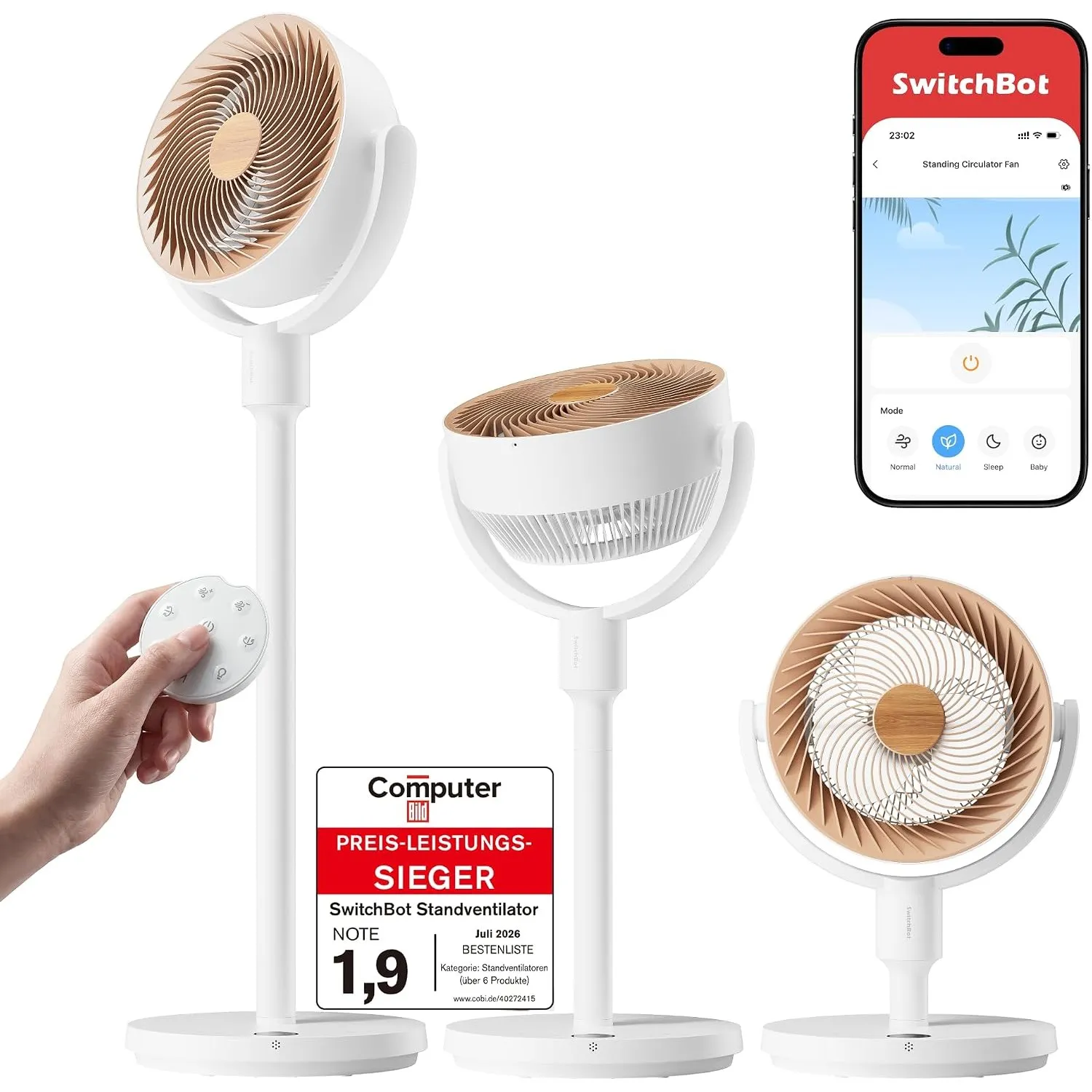 SwitchBot Standventilator mit Luftzirkulation mit RGB-Beleuchtung, 22 dB-ultra-leise, Fernbedienung, Matter via Hub, 9,…
