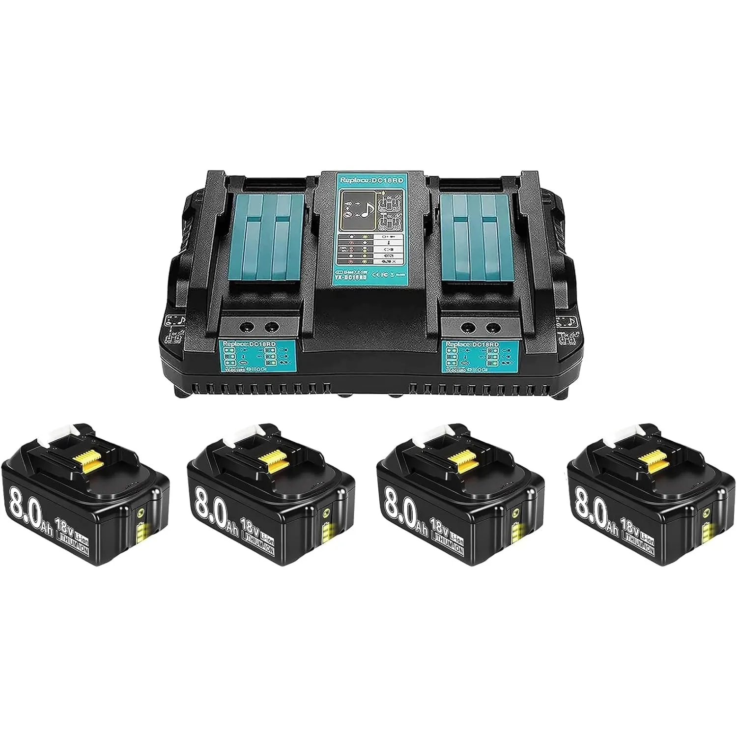 4X 18V 8000mAh Ersatzakku + 6A DC18RD Dual Port Ladegerät Kompatibel mit Ma-Kita 14.4V-18V BL1830 BL1850 BL1860 BL1840 …