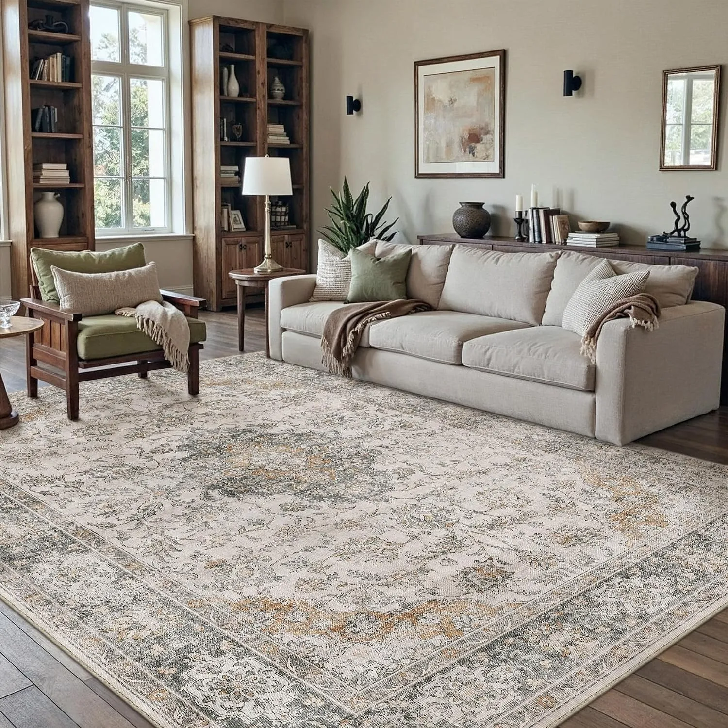 PureCozy Vintage Teppich Wohnzimmer 140x200cm Taupe Waschbar Groß Teppiche