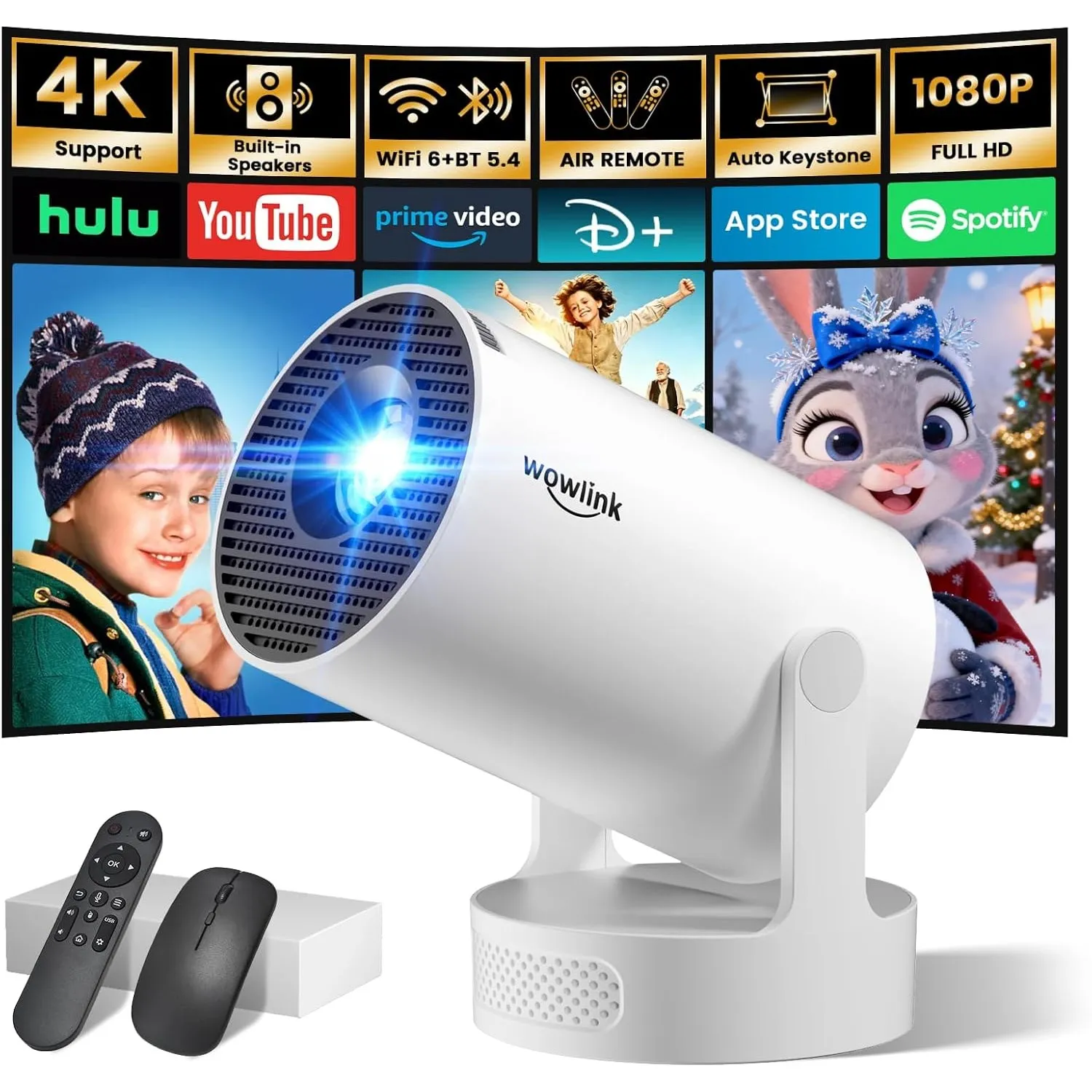 Wowlink Mini Beamer 4K Unterstützt Smart Projektor‌ mit WiFi 6 BT5.4 integrierten Apps Auto Horizontaler Trapezkorrektu…
