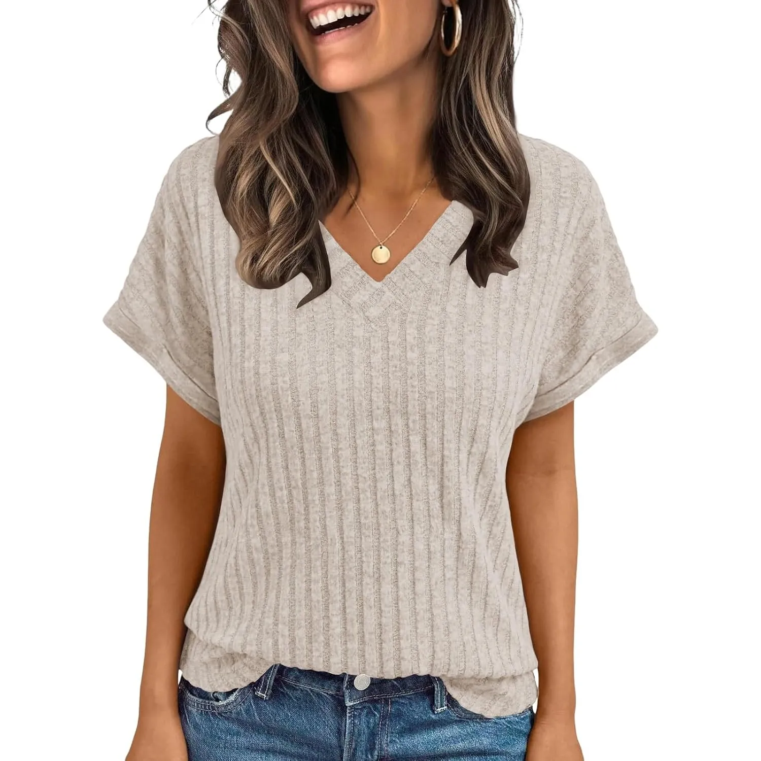 Cuptacc Oberteile Damen Elegant Kurzarm Tshirt V Ausschnitt Sommer Leicht
