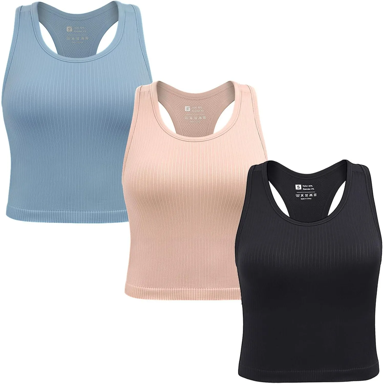 2/3/4er Damen Sport Tops mit integriertem BH Rippiertes Racerback Tank Top Nahtloser Atmungsaktiver Crop Top Camisole f…