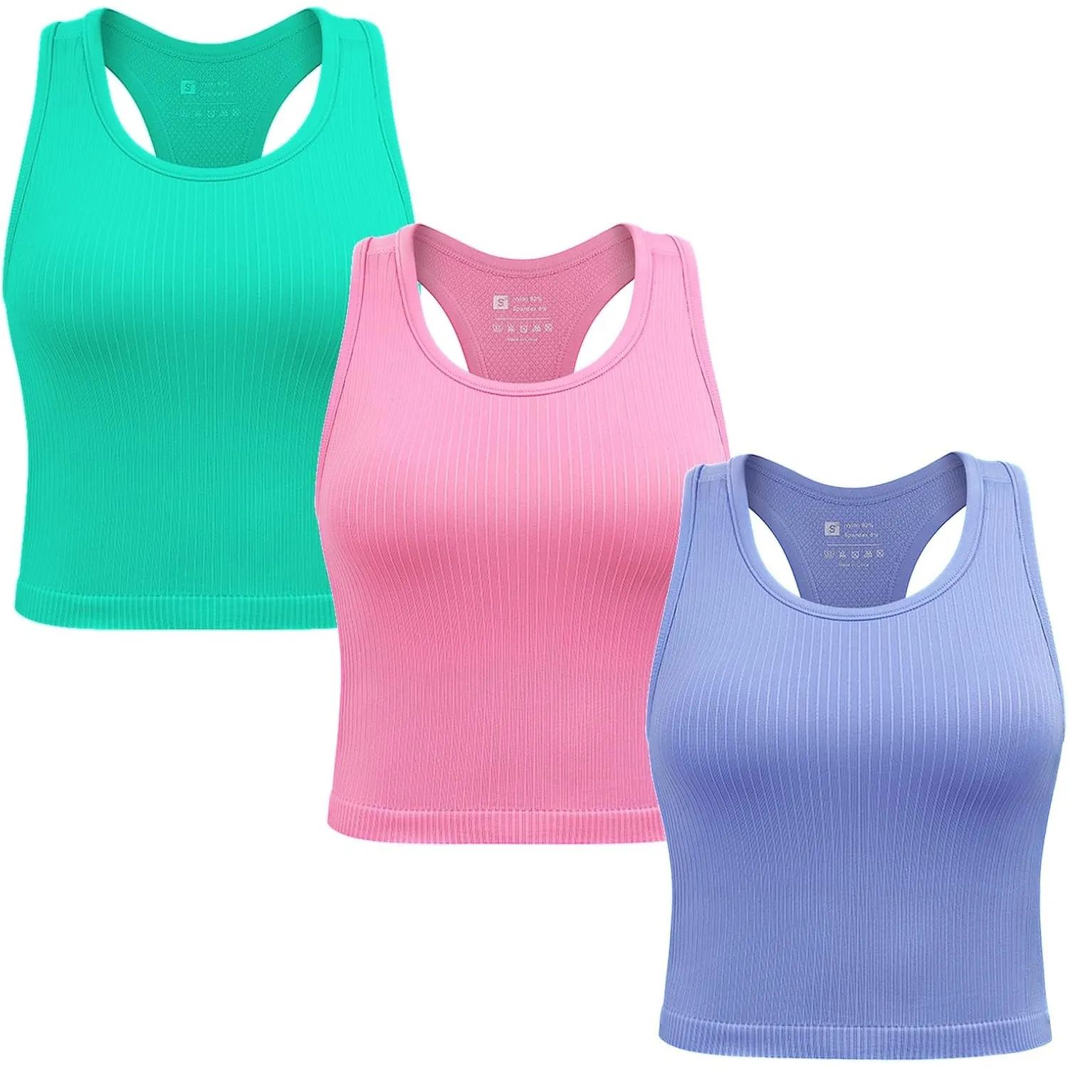 2/3/4er Damen Sport Tops mit integriertem BH Rippiertes Racerback Tank Top Nahtloser Atmungsaktiver Crop Top Camisole f…