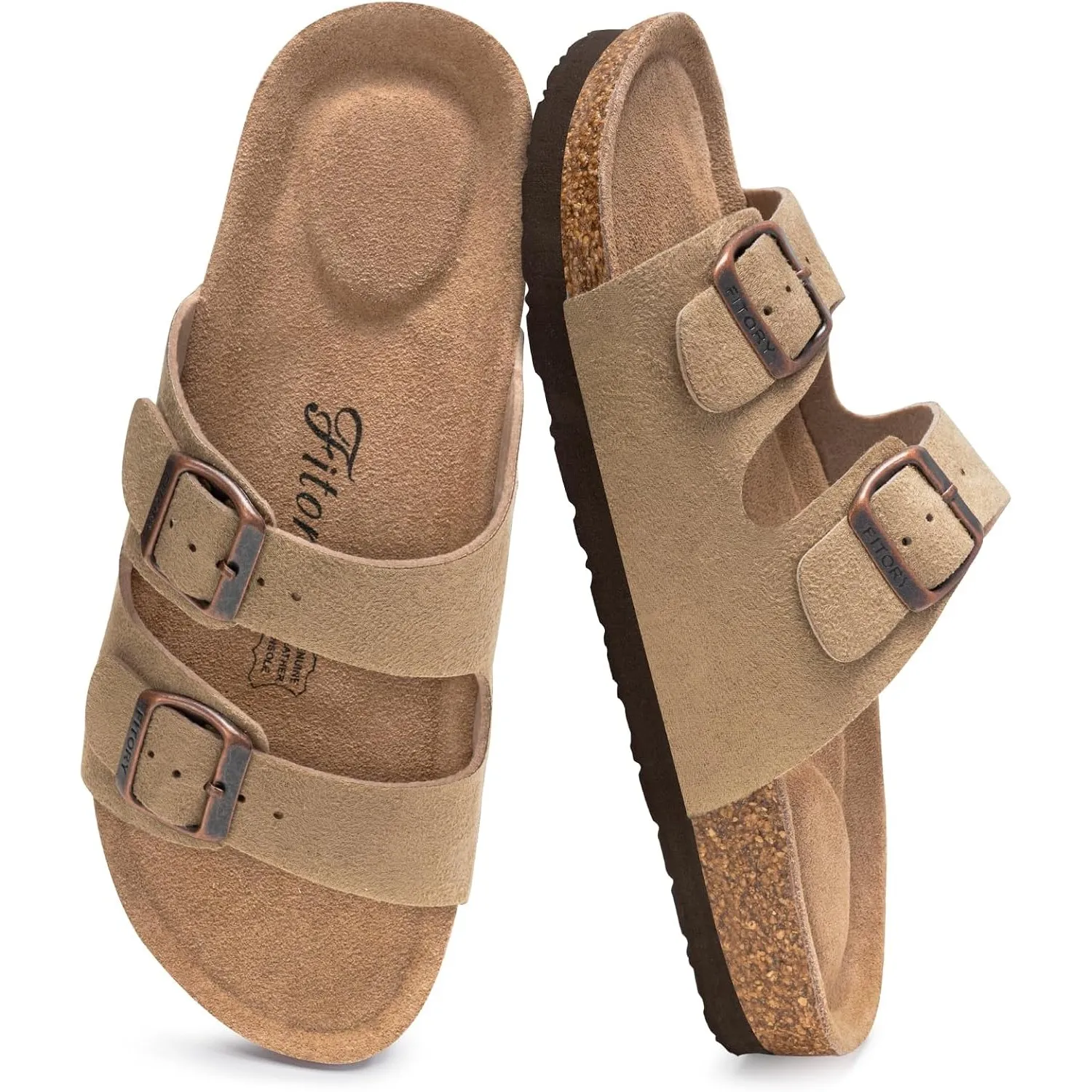 FITORY Damen Pantoletten mit Kork-Fußbett Leder Bequem Rutschfest Sandalen Frauen Sommer Latschen Schlappen Hausschuhe …