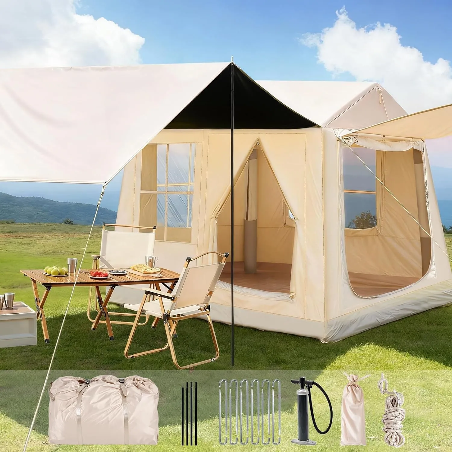 Aufblasbares Campingzelt mit Kaminöffnung & Dachfenster, Aufblasbare Zelt für 2-10per mit Luftpumpe, Zelt Aufblasbar au…
