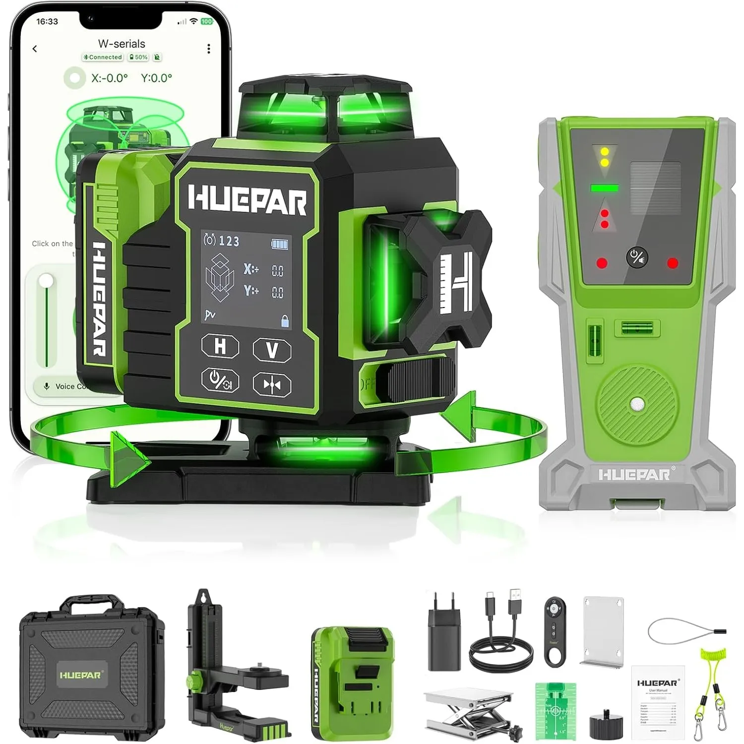 Huepar 4D Laser-Wasserwaage mit Empfänger & LCD-Display, W04CG 8RG