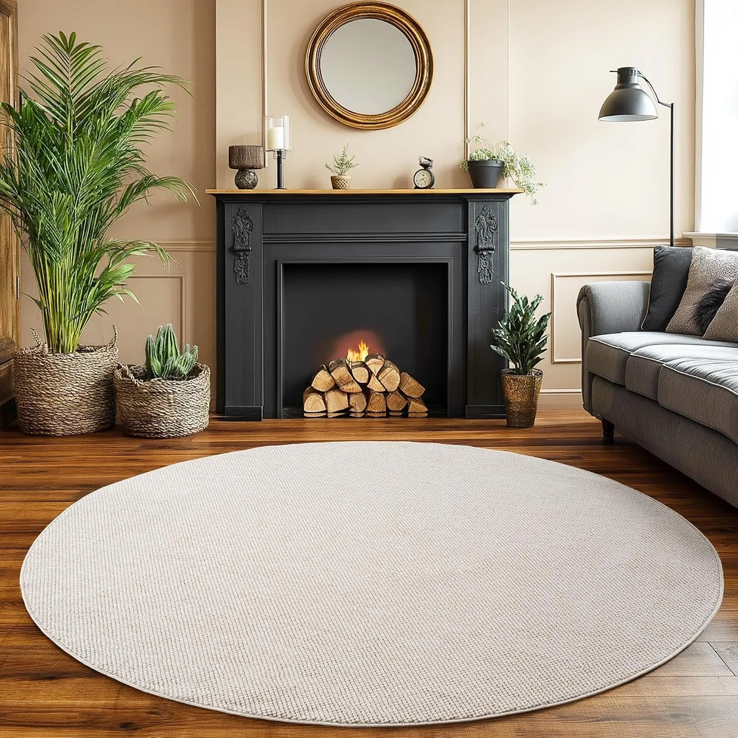 SIMPEX Teppich Rund 160 cm Creme Einfarbig Bouclé Schlingenflor Skandi Stil Modern Weich Strapazierfähig Pflegeleicht g…