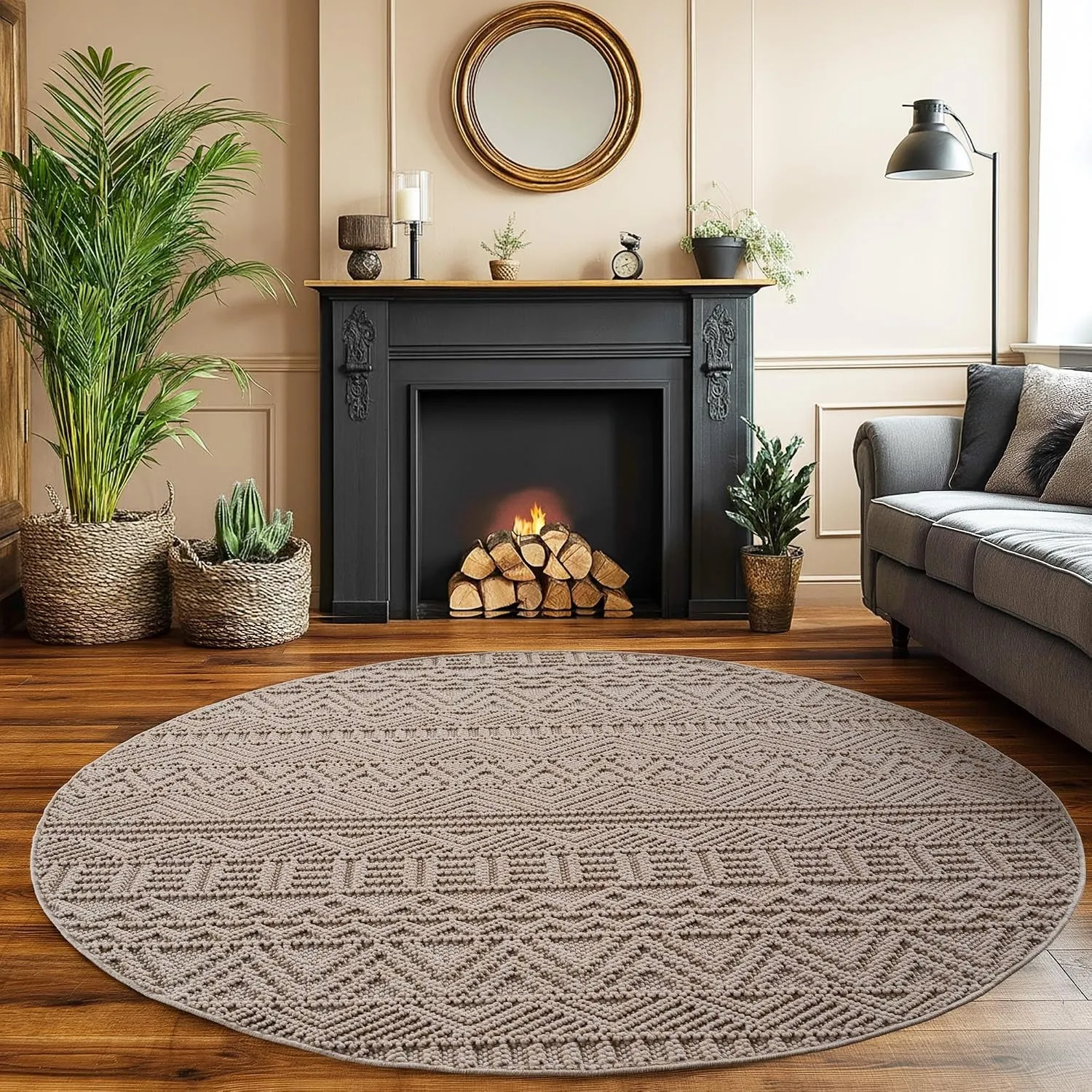 SIMPEX Teppich Rund 120 cm Beige Vintage Design Bouclé Schlingenflor Skandi Stil Modern Weich Strapazierfähig Pflegelei…