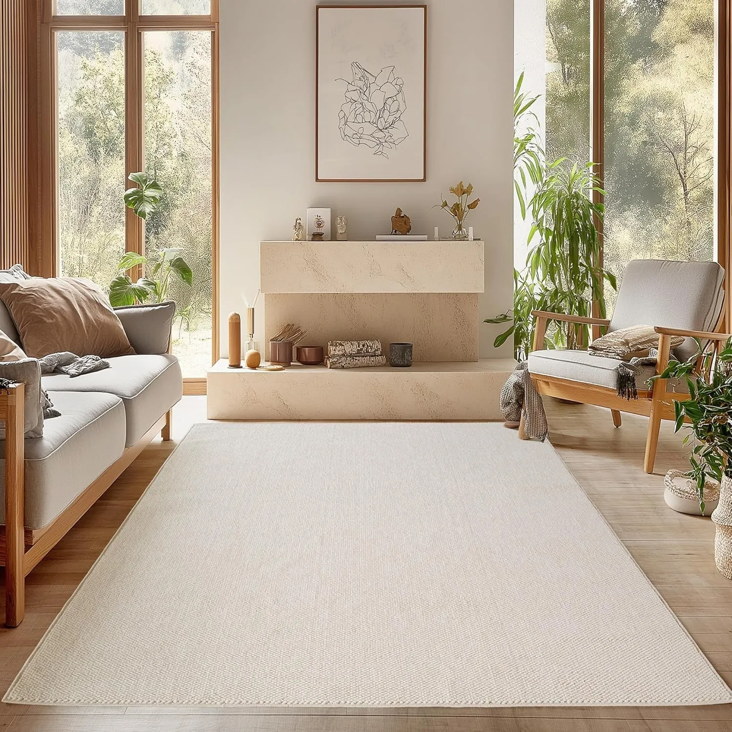 SIMPEX Teppich 200x290 cm Creme Einfarbig Bouclé Schlingenflor Skandi Stil Modern Weich Strapazierfähig Pflegeleicht gr…