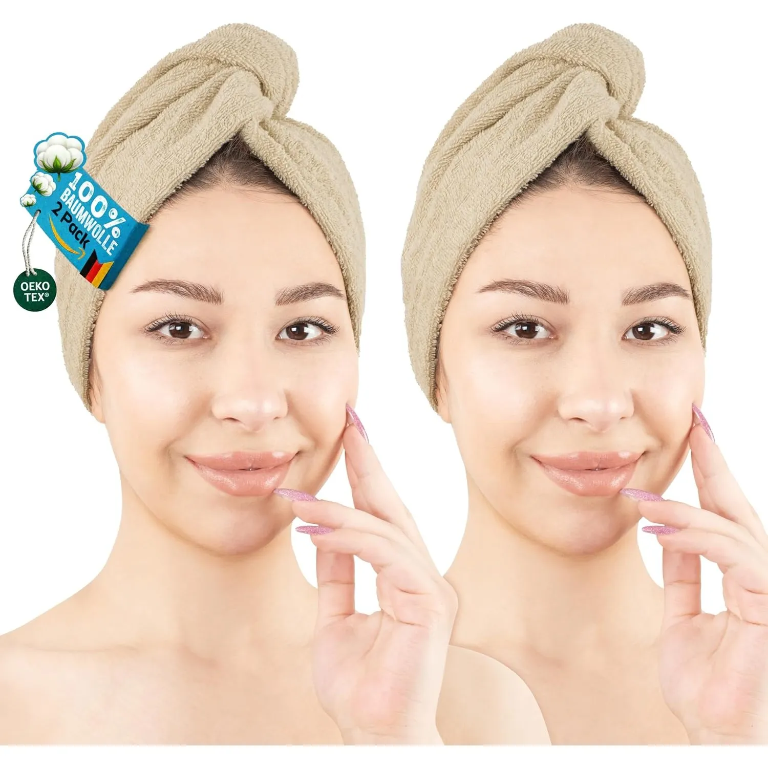 Hammetex Haarturban 2er Set mit Knopf, Haarhandtuch 100% Baumwolle