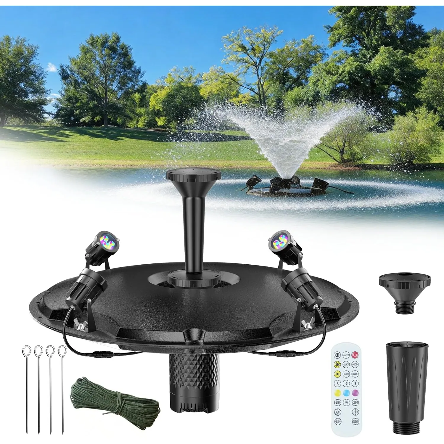 POPOSOAP Schwimmende Teichfontäne & Belüftung Komplett-Set mit LED-Leuchten, 6000 L/h Hochleistungs-Wasserpumpe, 9m Str…